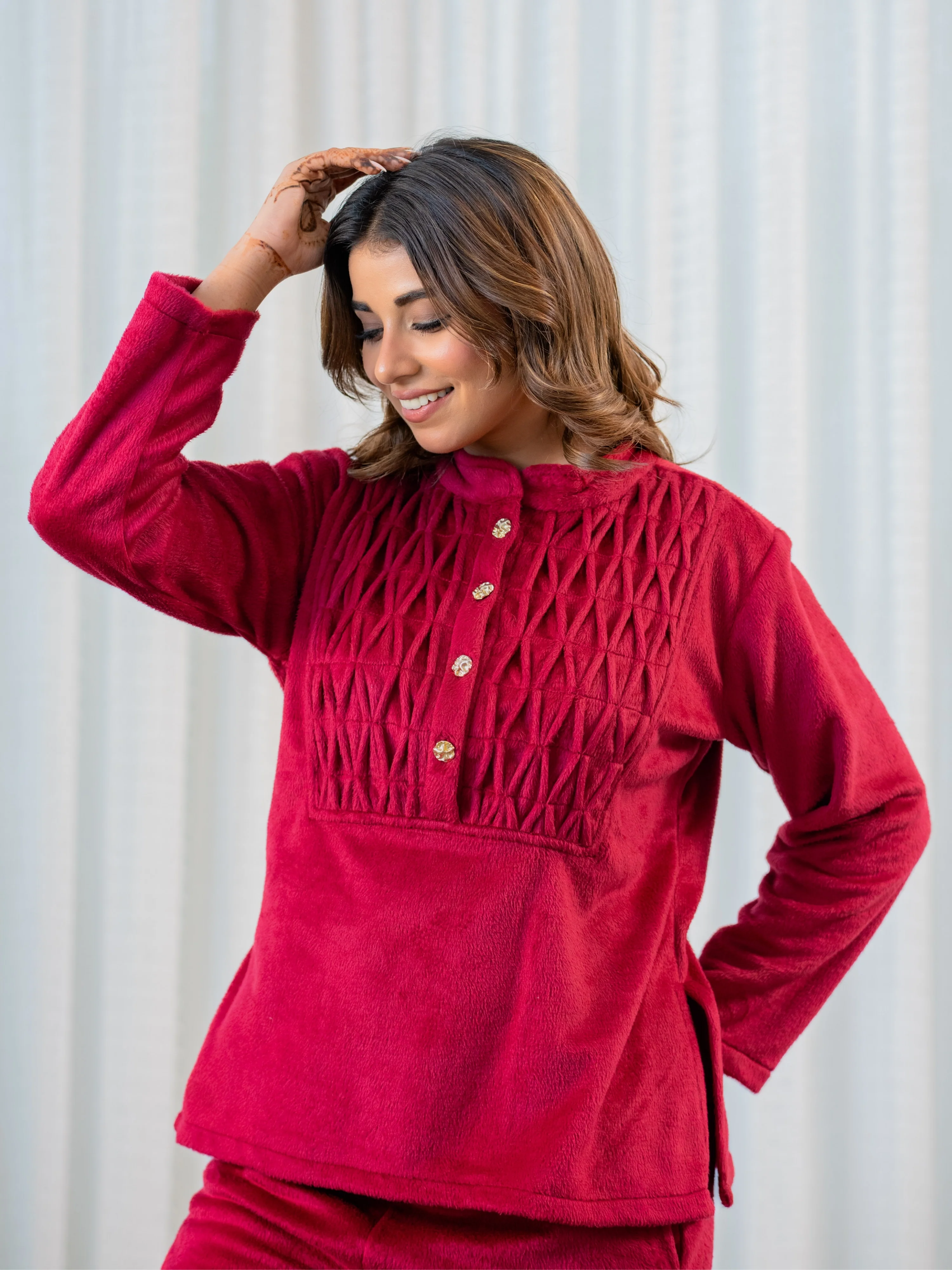 Super Soft Maroon Classic Pleated Woollen Set - Image 5