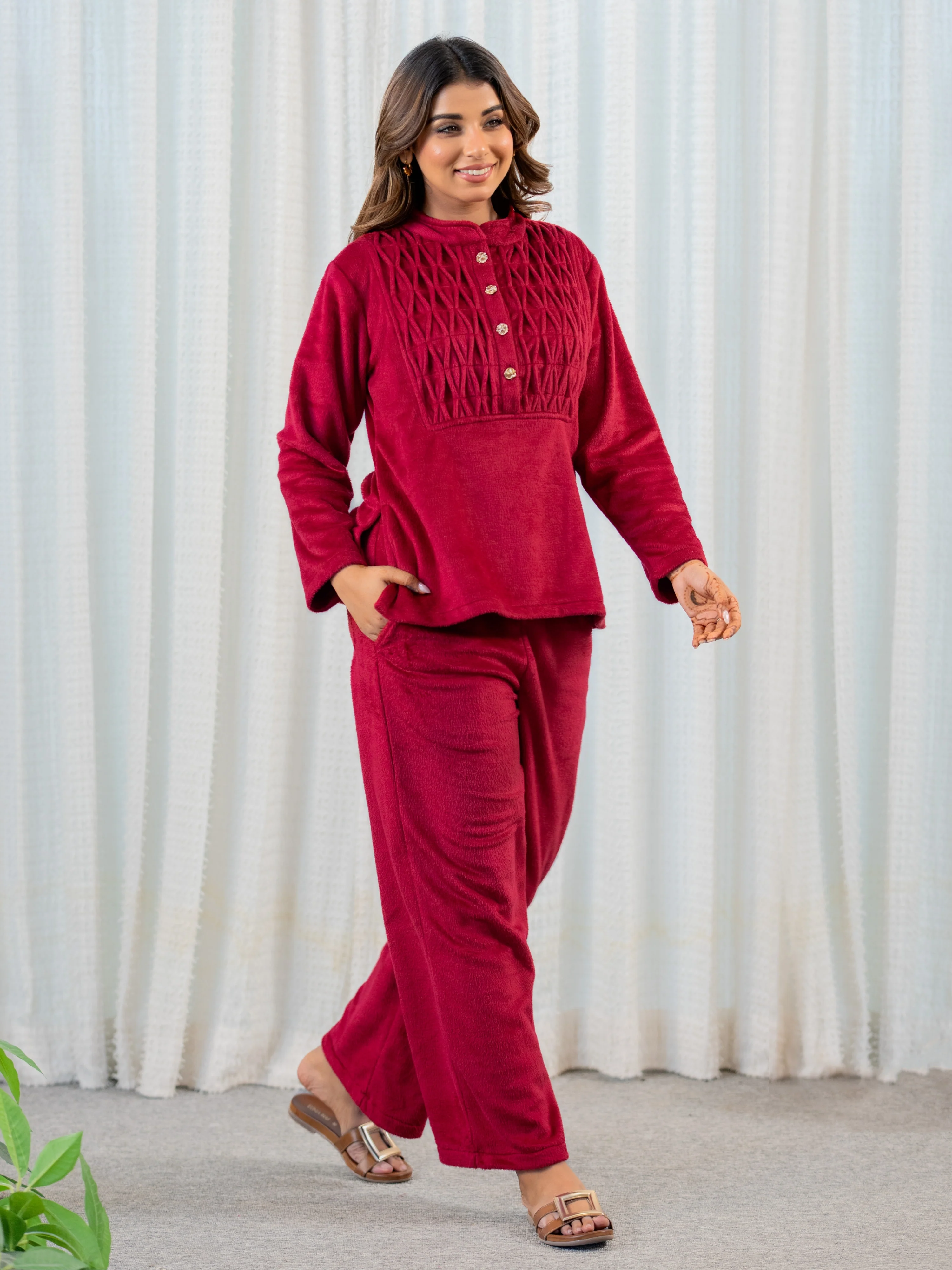 Super Soft Maroon Classic Pleated Woollen Set - Image 6