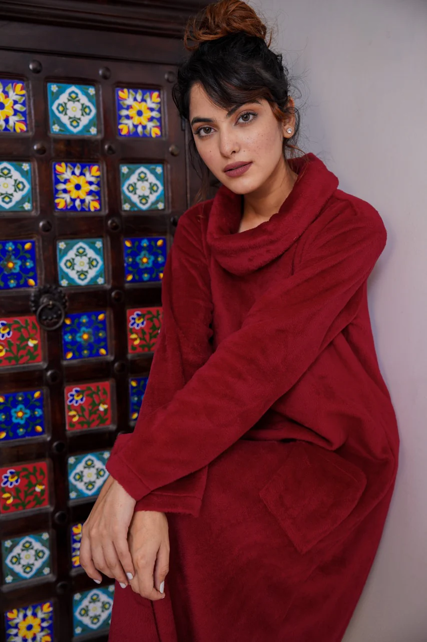 Super Soft Maroon High Neck Woollen Maxi - Image 11