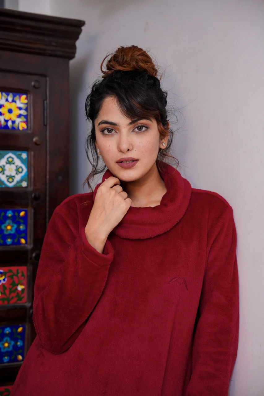 Super Soft Maroon High Neck Woollen Maxi - Image 5