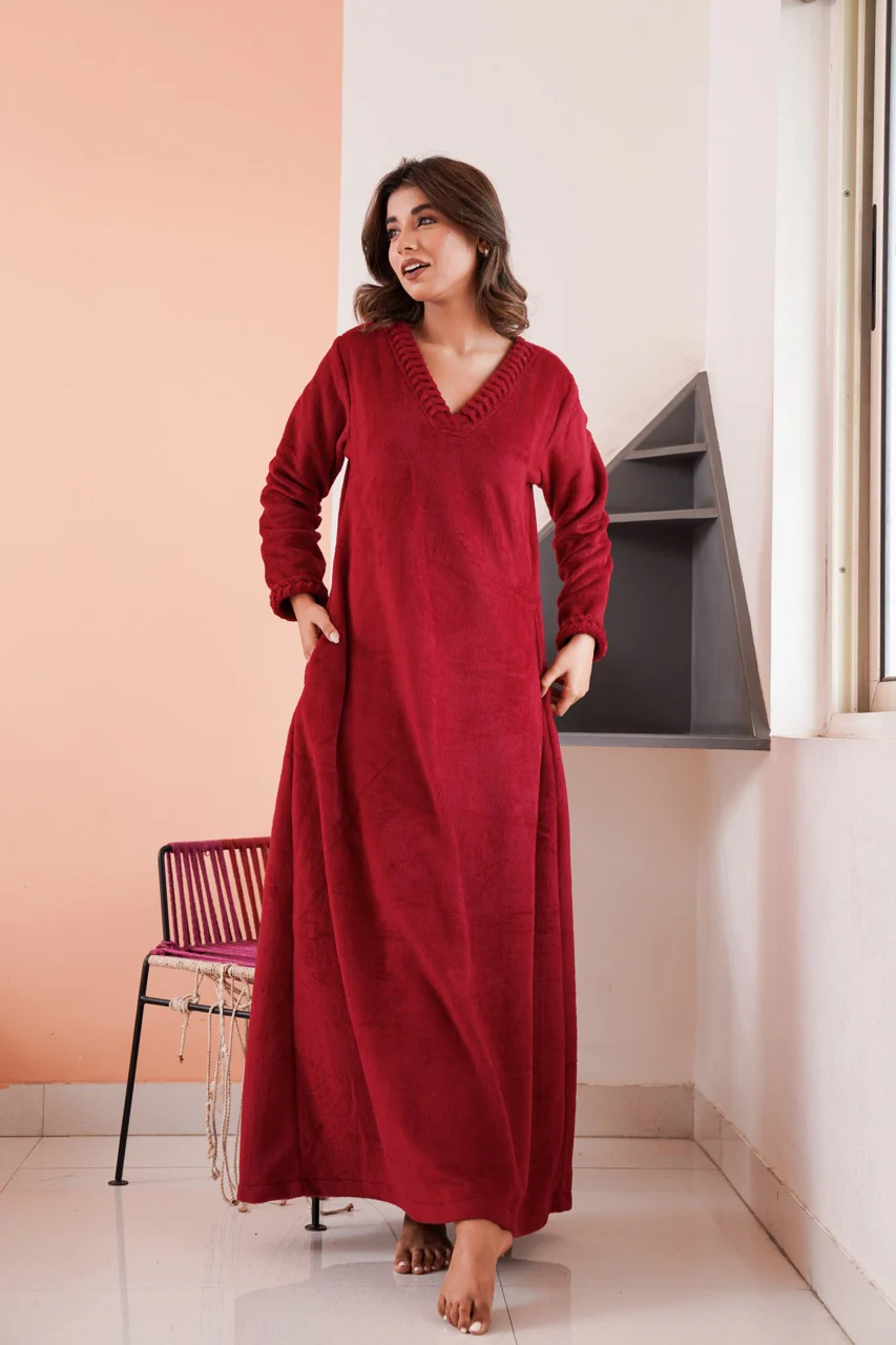 Super Soft Maroon V Neck Woollen Maxi - Image 11