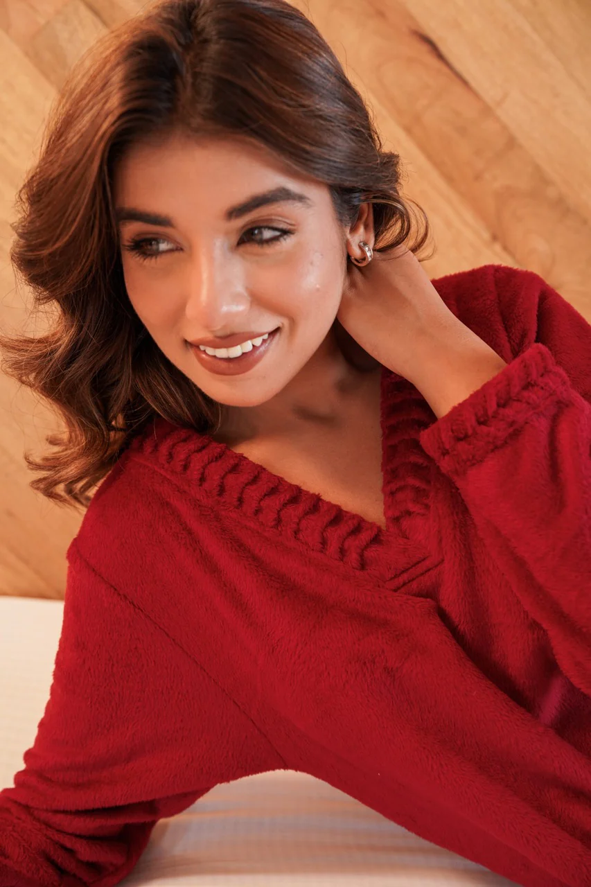 Super Soft Maroon V Neck Woollen Maxi - Image 13