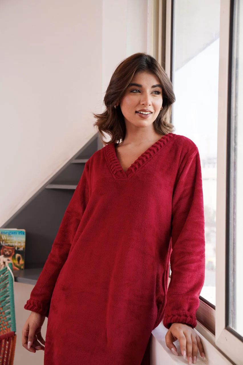 Super Soft Maroon V Neck Woollen Maxi - Image 14