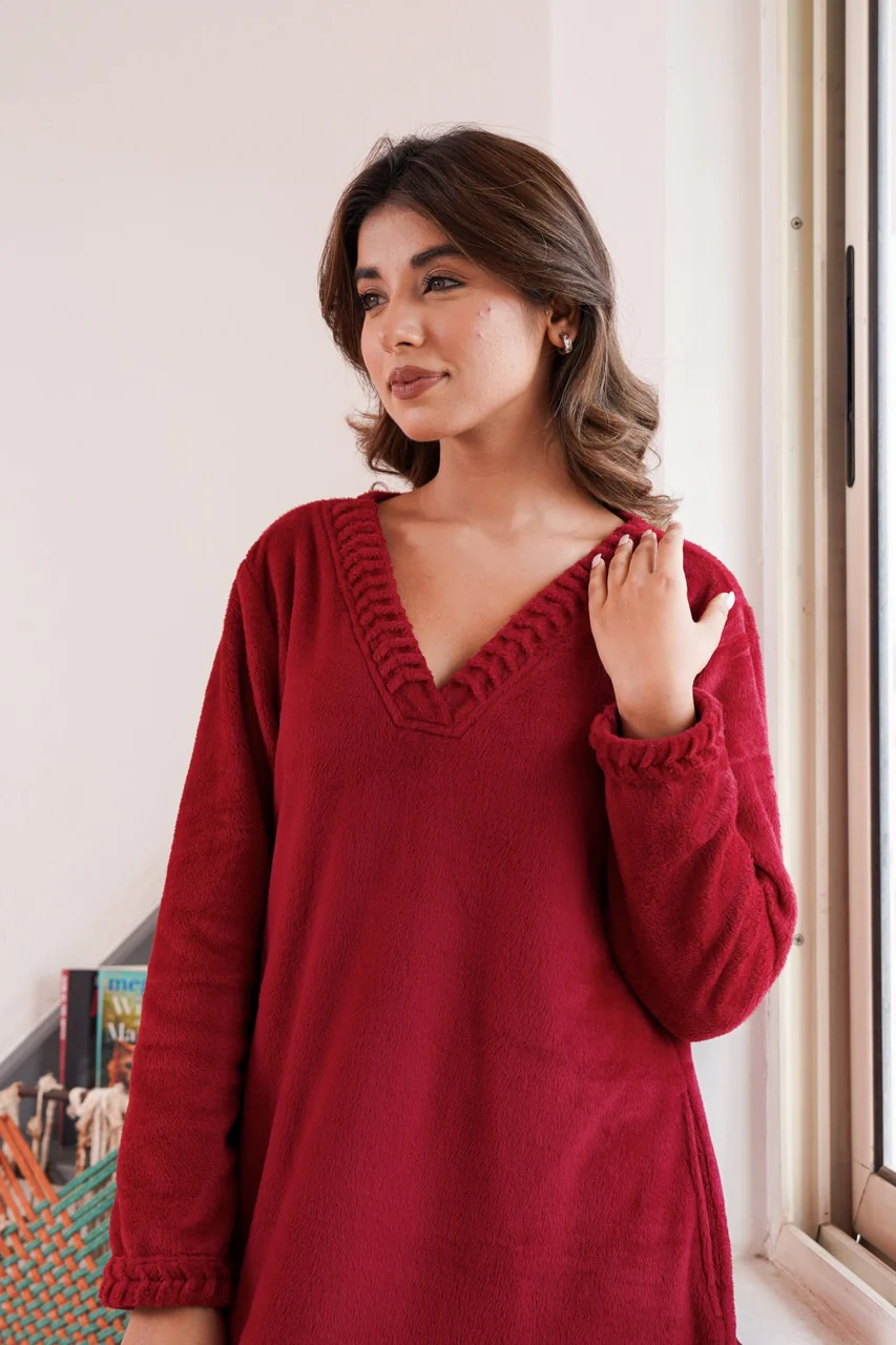 Super Soft Maroon V Neck Woollen Maxi - Image 15
