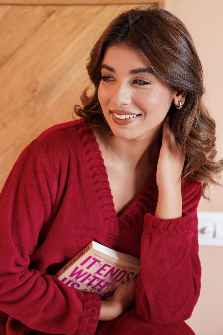 Super Soft Maroon V Neck Woollen Maxi - Image 3