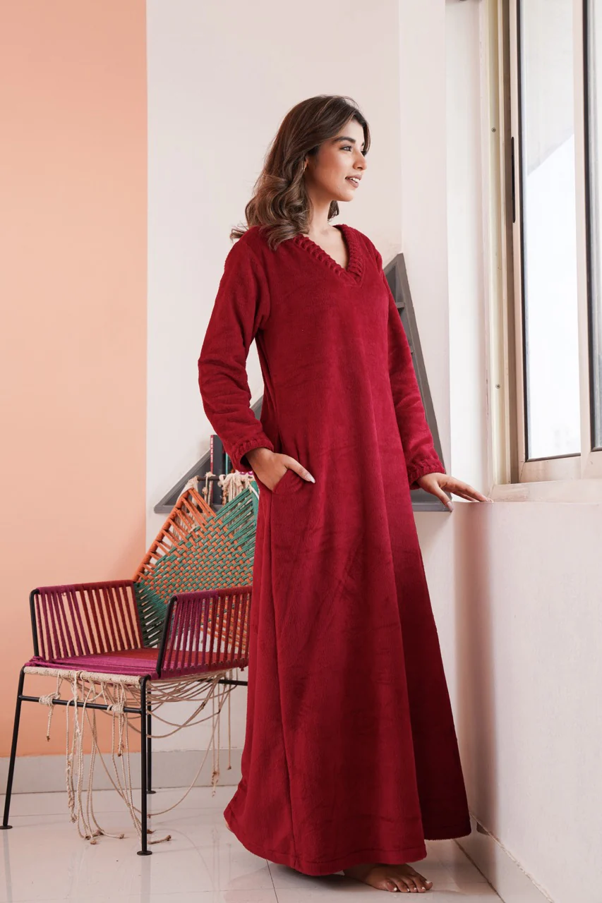 Super Soft Maroon V Neck Woollen Maxi - Image 6