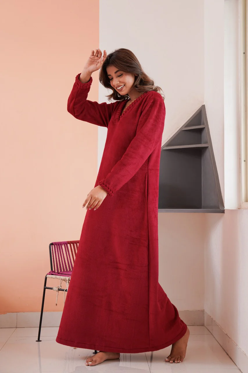 Super Soft Maroon V Neck Woollen Maxi - Image 9