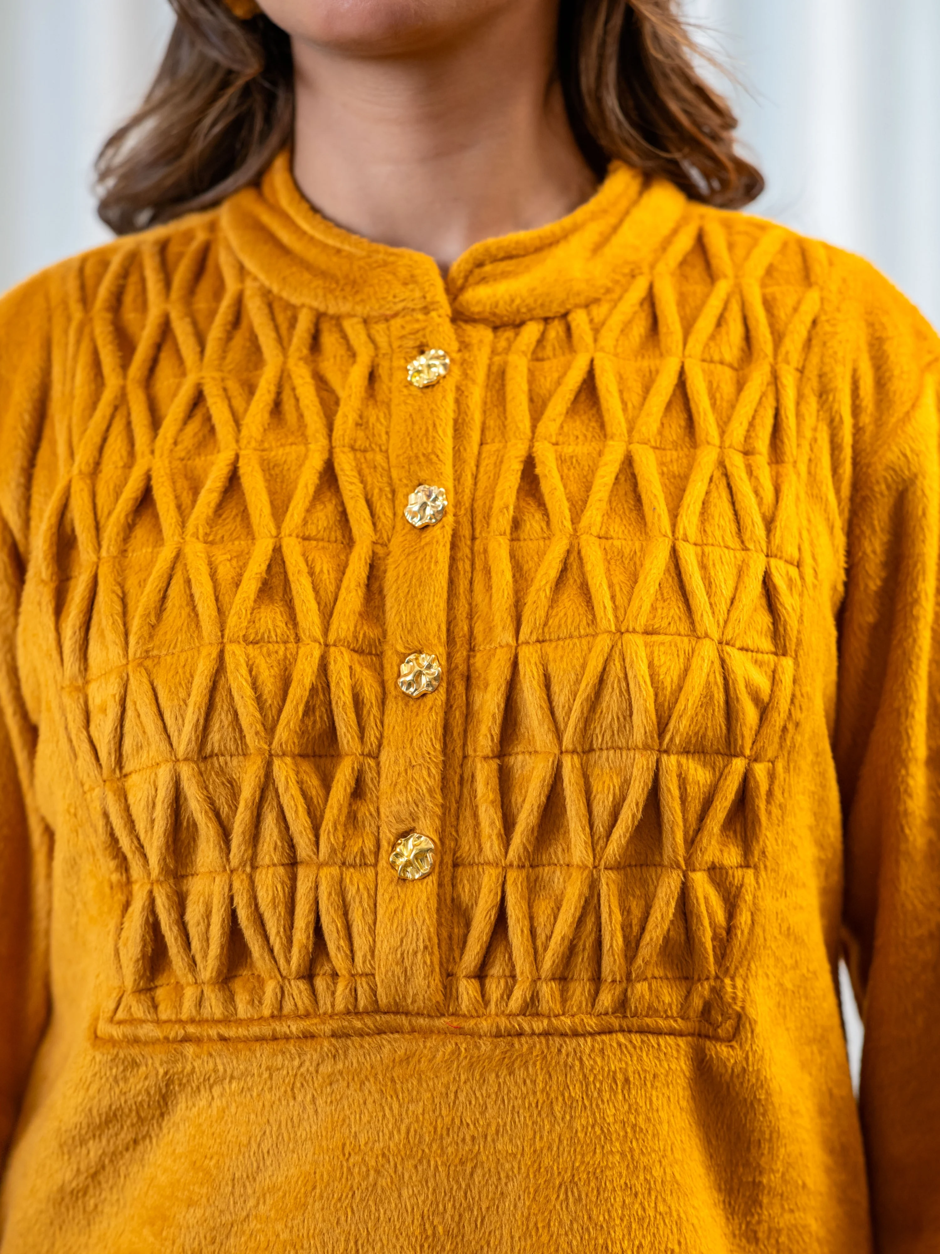 PinTuck Mustard Long Kurta Super Soft Woollen Set - Image 2