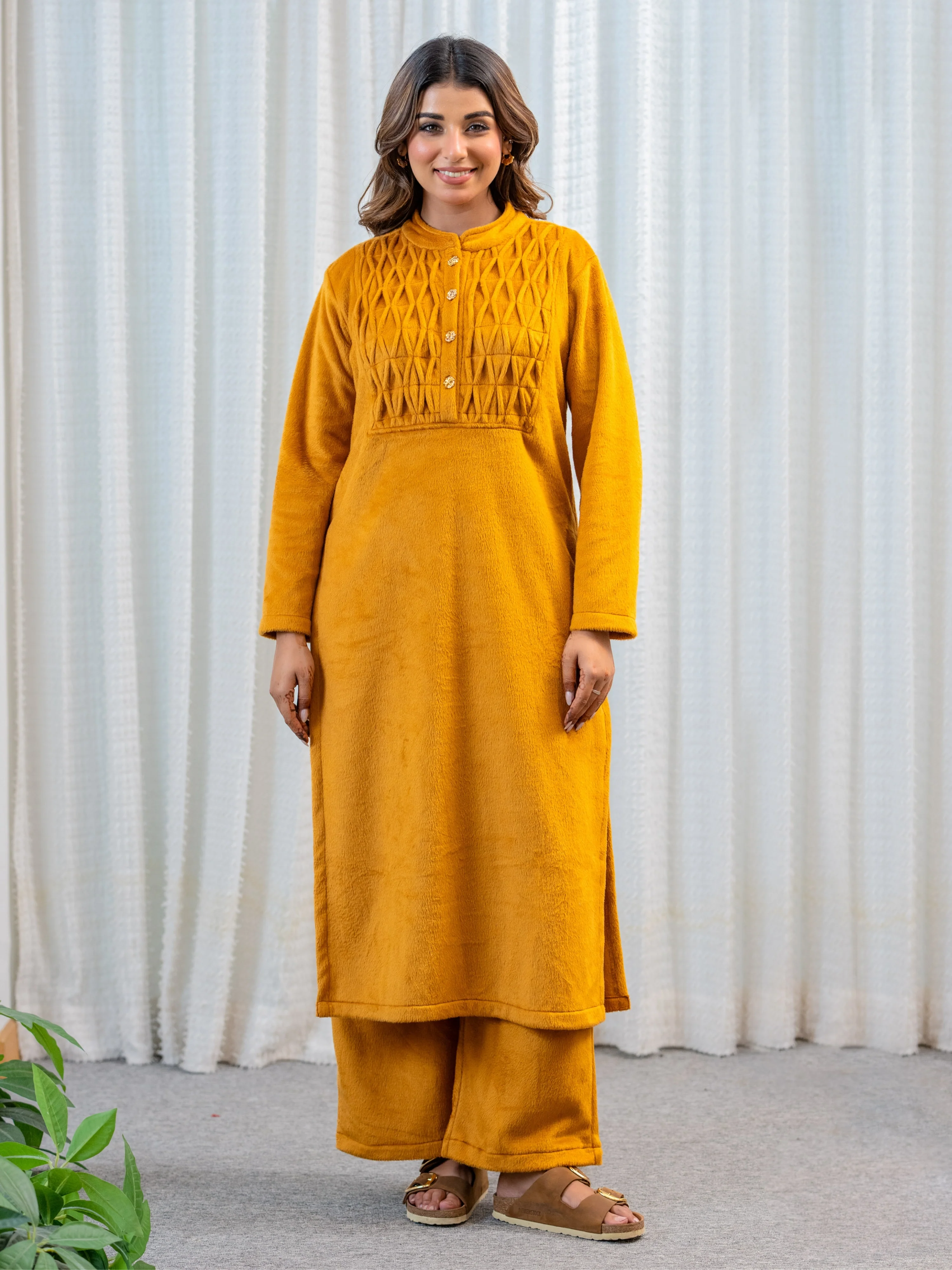 PinTuck Mustard Long Kurta Super Soft Woollen Set - Image 3