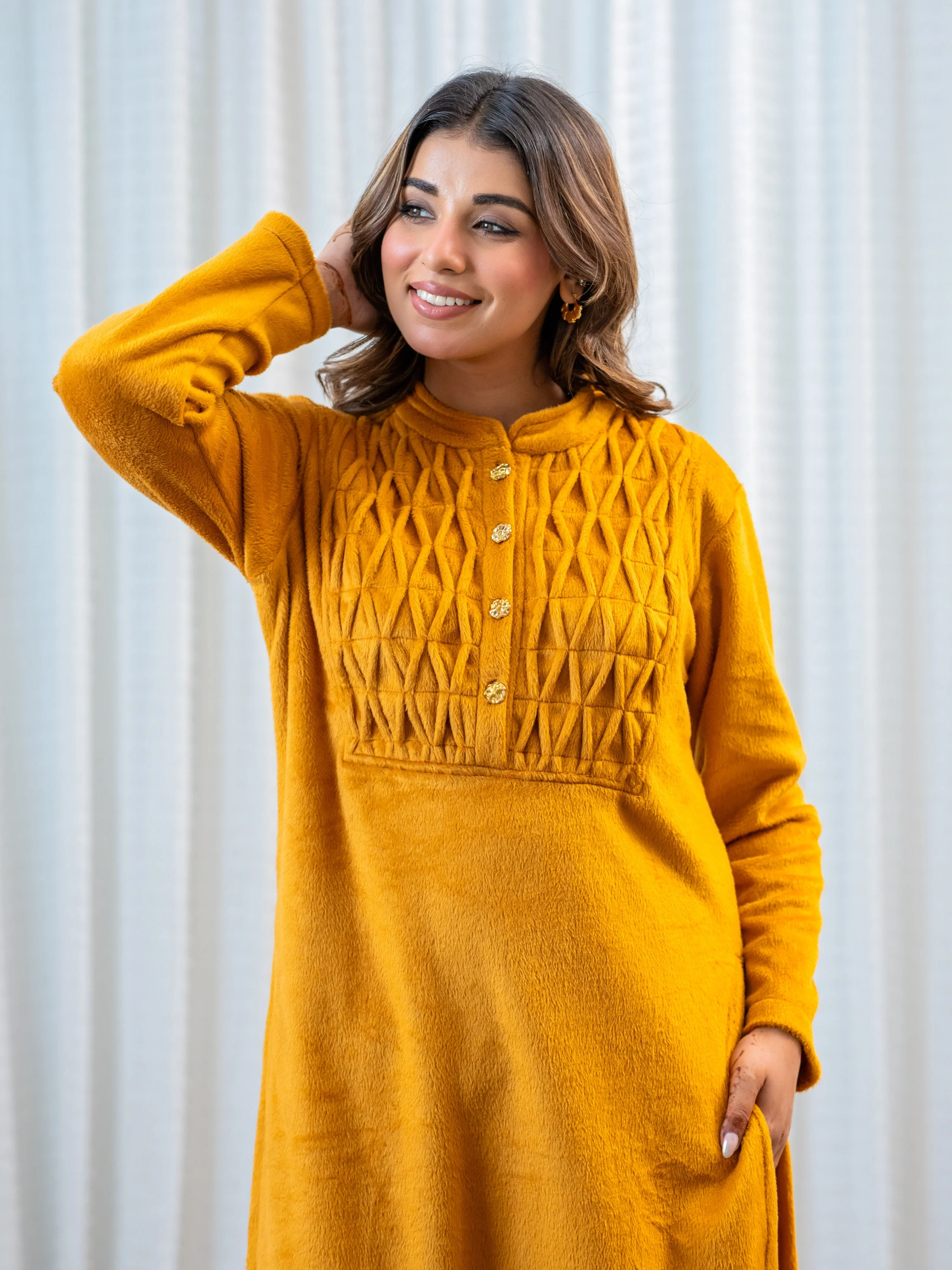 PinTuck Mustard Long Kurta Super Soft Woollen Set - Image 4