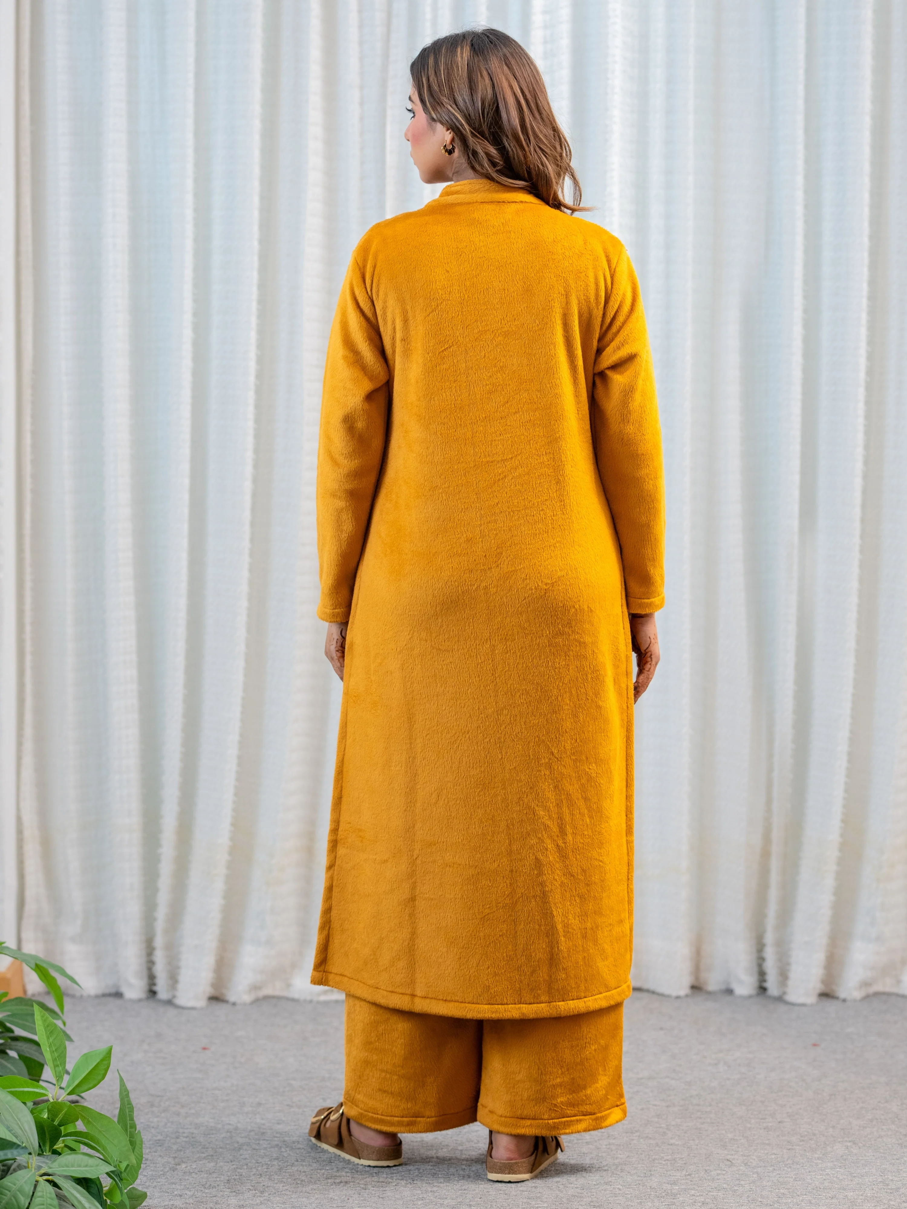 PinTuck Mustard Long Kurta Super Soft Woollen Set - Image 5