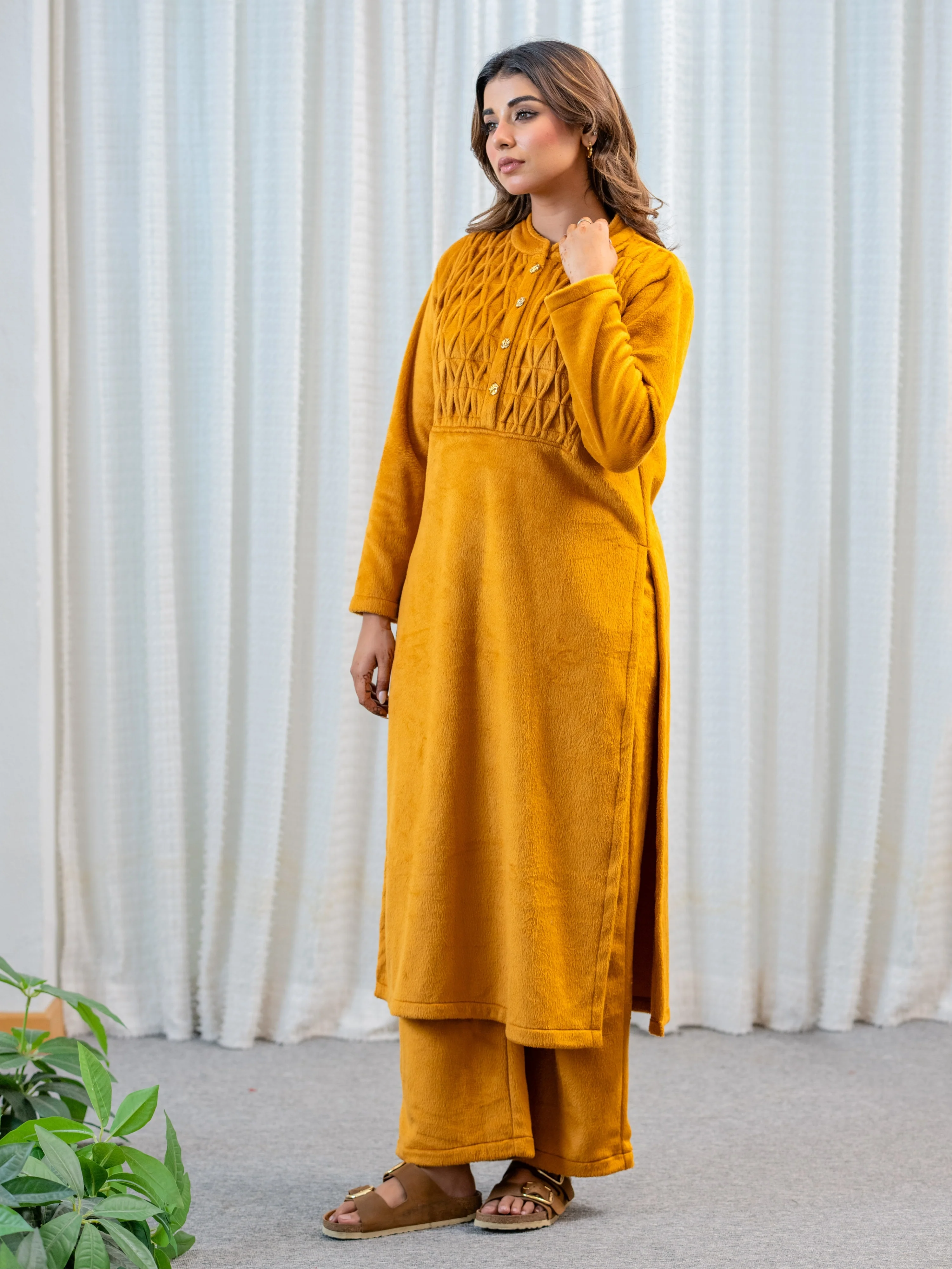 PinTuck Mustard Long Kurta Super Soft Woollen Set - Image 6