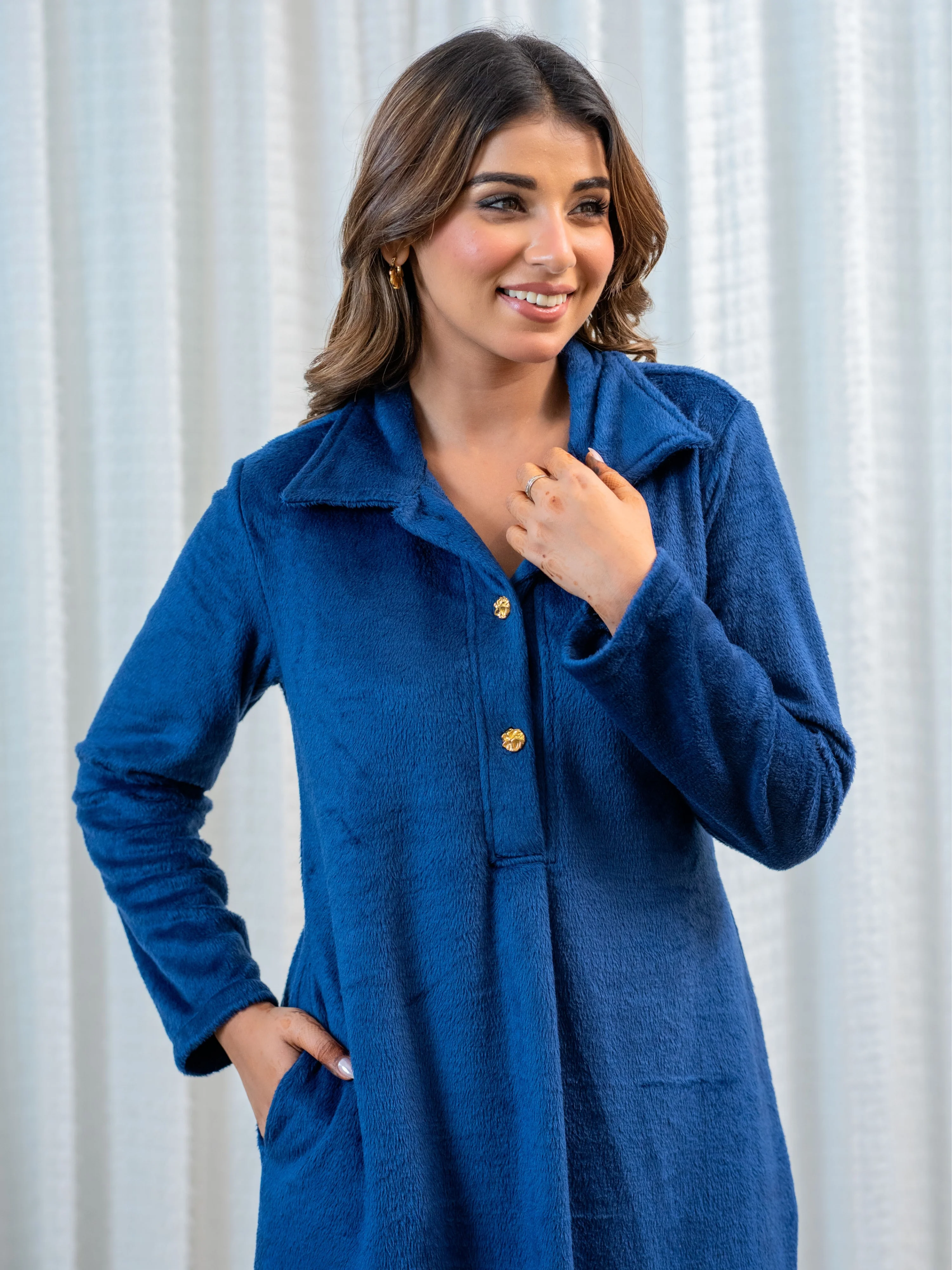 Super Soft Navy Blue Collared Woollen Maxi - Image 2