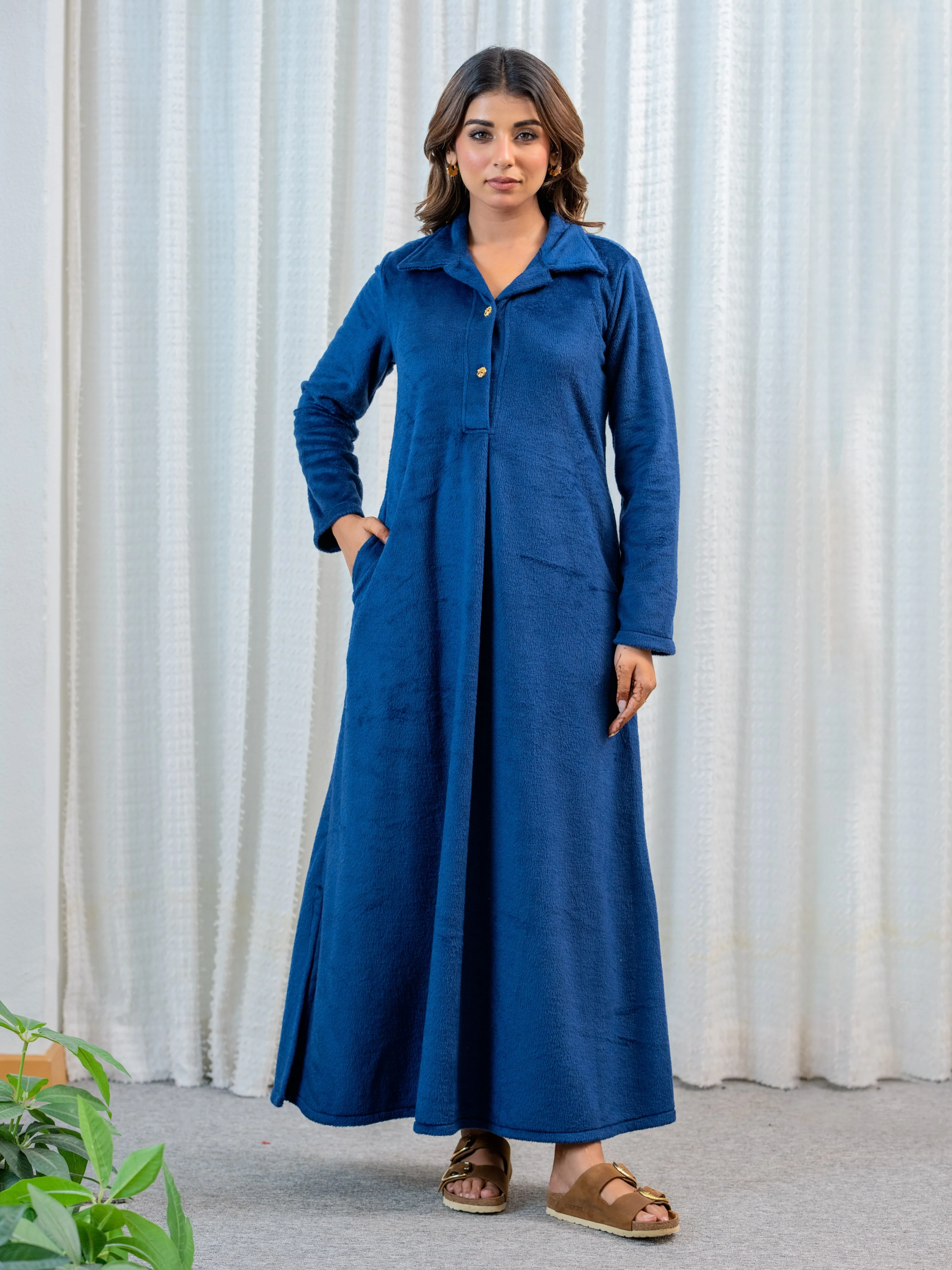 Super Soft Navy Blue Collared Woollen Maxi - Image 3