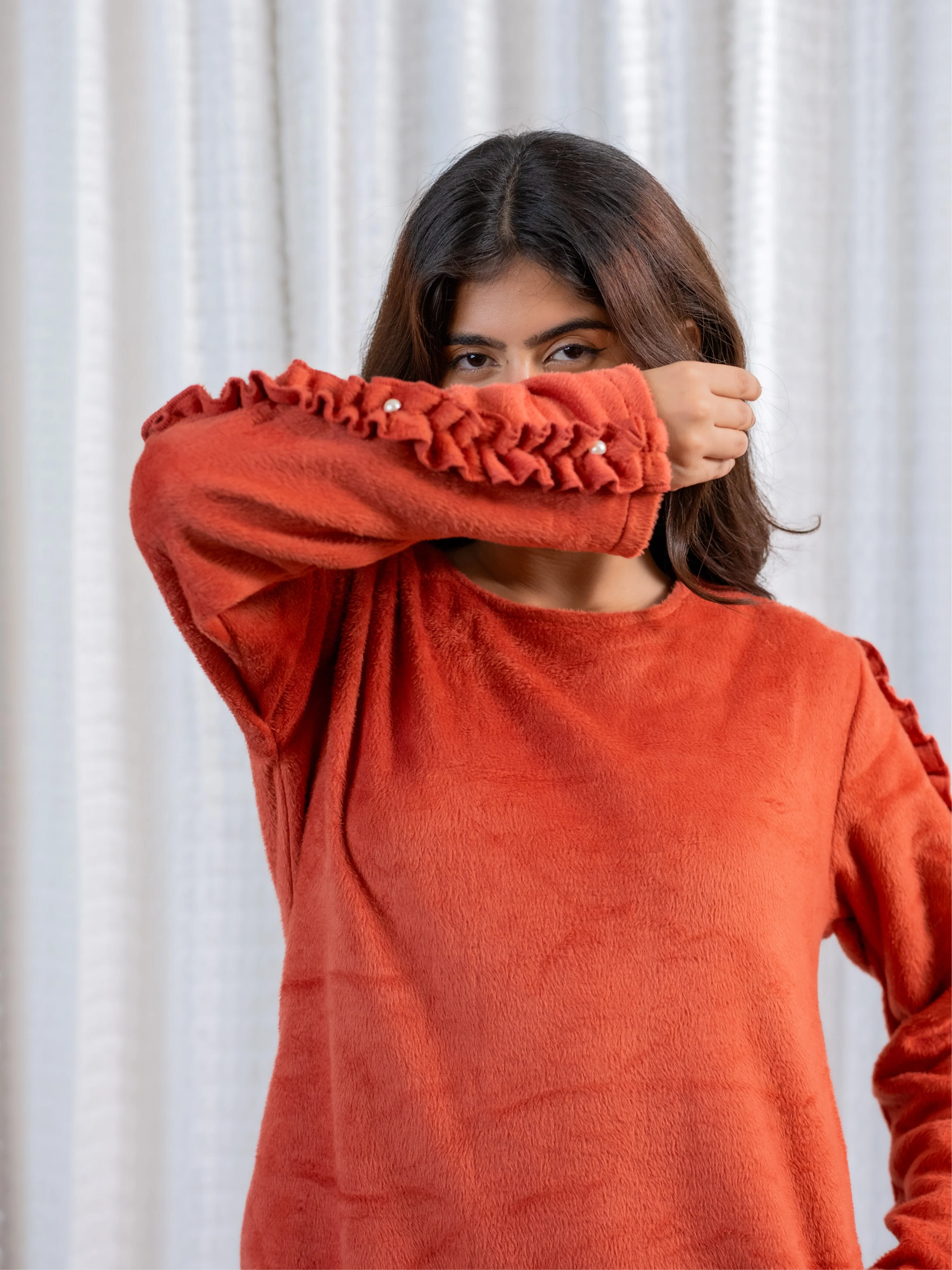 Super Soft Rust Woollen Ruffle Sleeve Midi Dress - Image 5