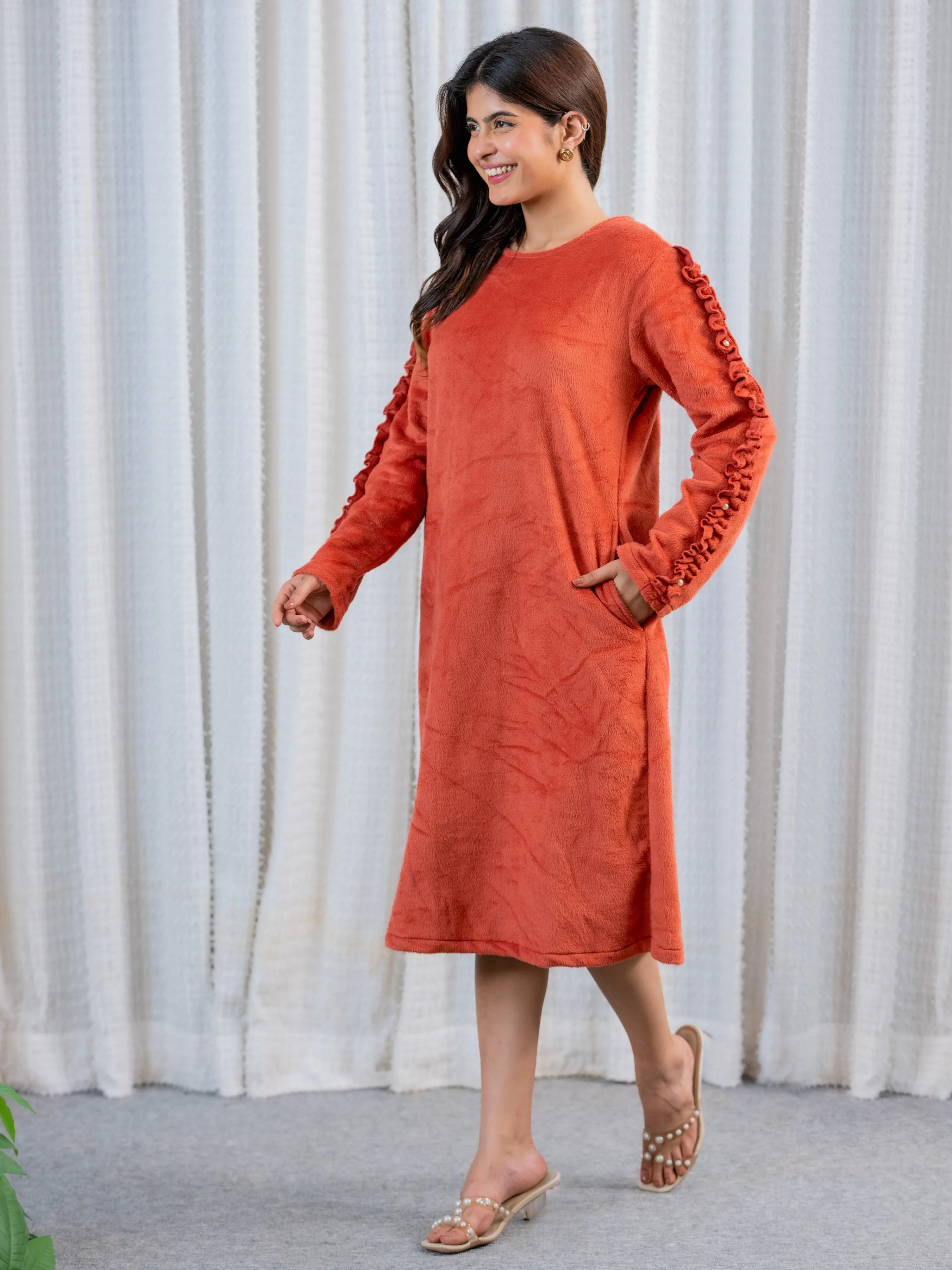 Super Soft Rust Woollen Ruffle Sleeve Midi Dress - Image 7