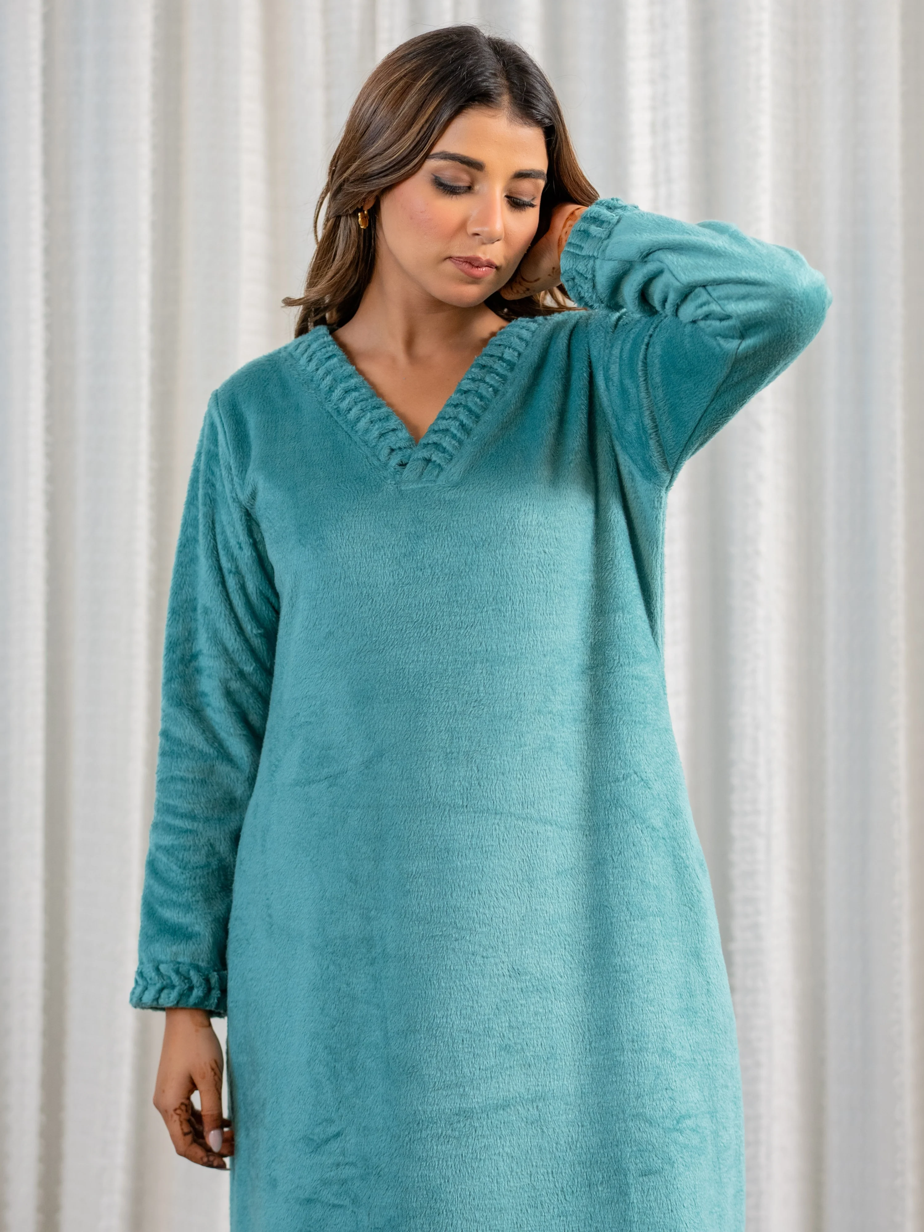 Super Soft Sea Green V Neck Woollen Maxi - Image 4