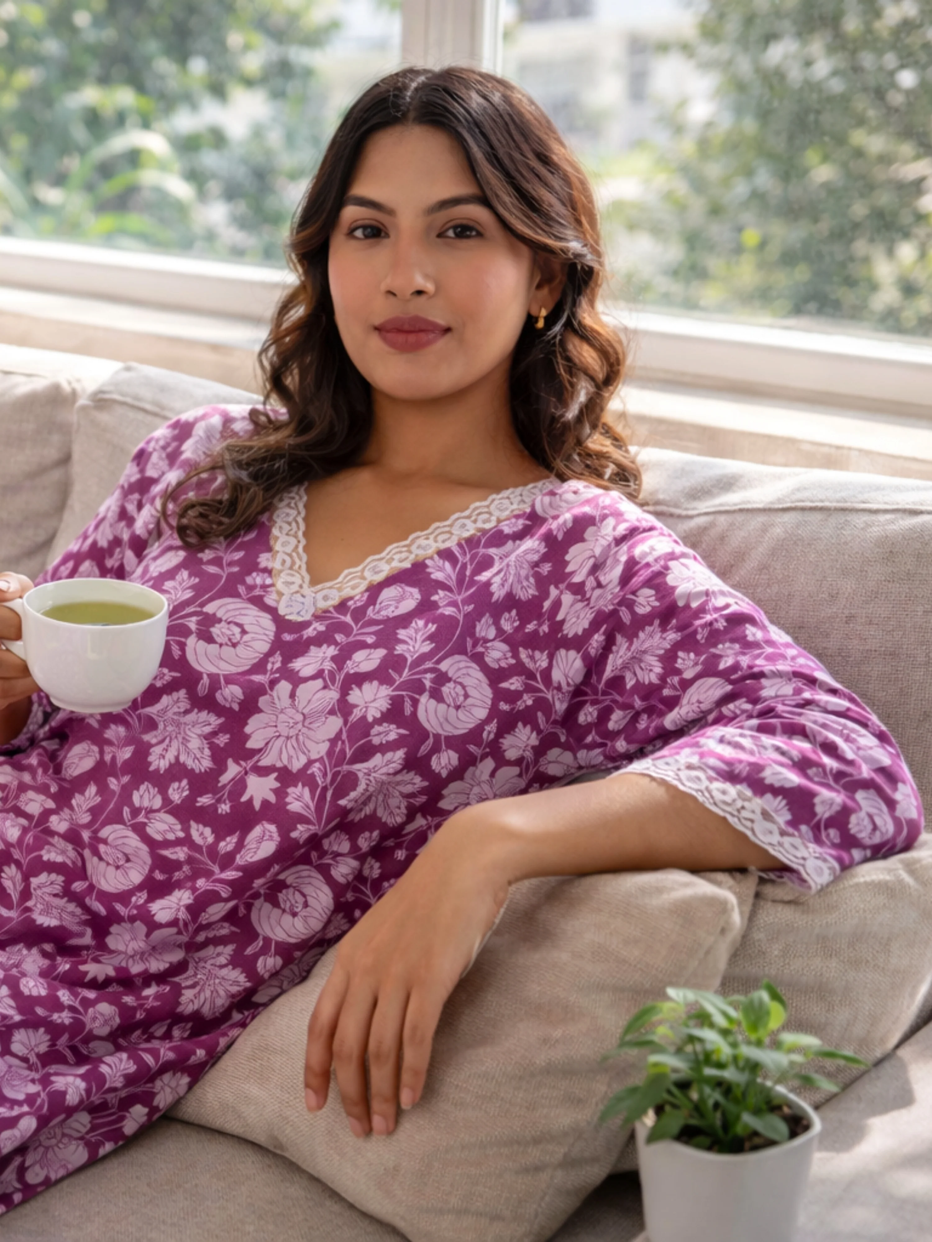 Taffy Pink Printed pureCotton V-Neck Night Maxi - Image 6
