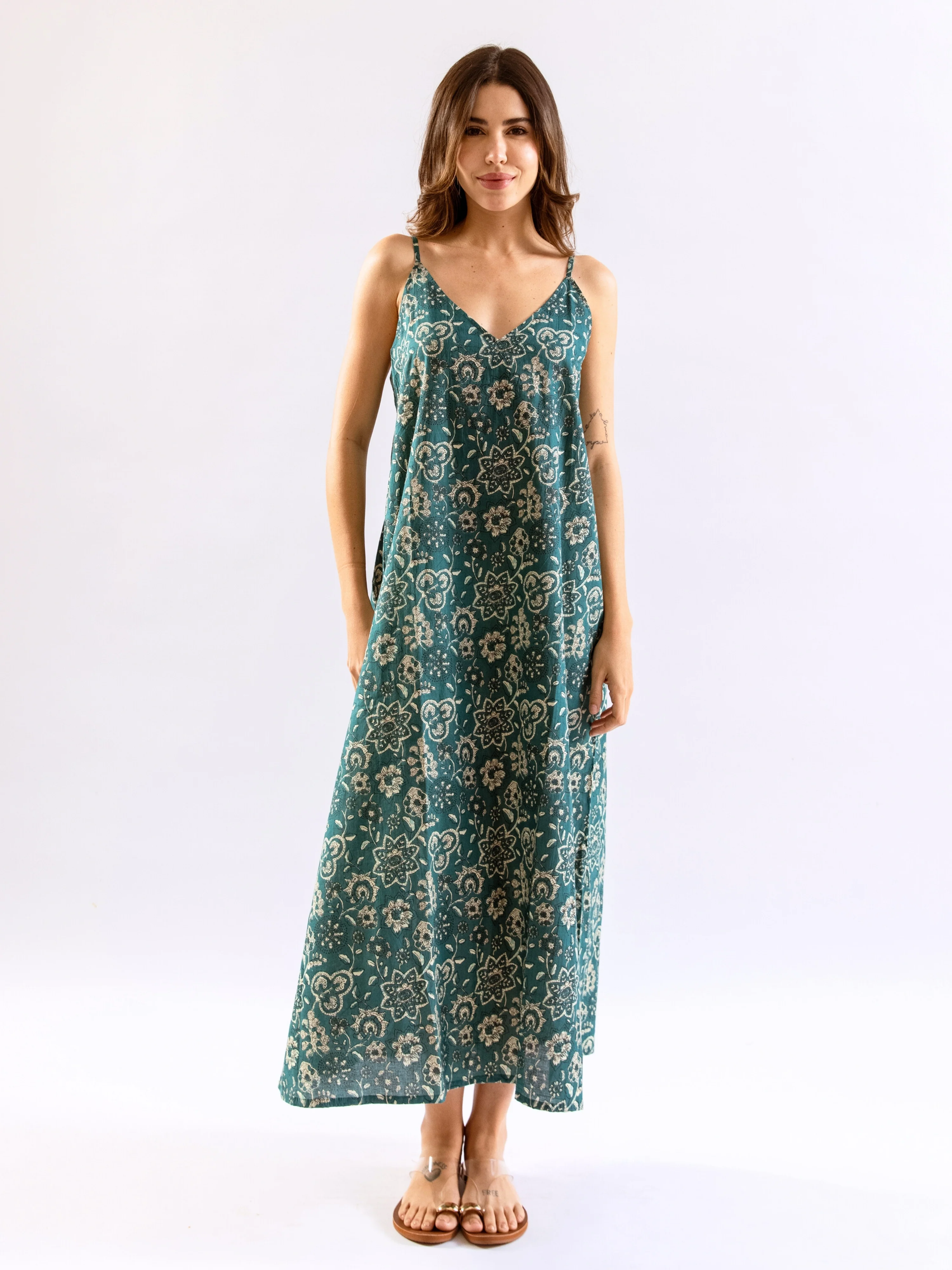 Teal BloomEase Pure Cotton v neck Night Maxi - Image 4
