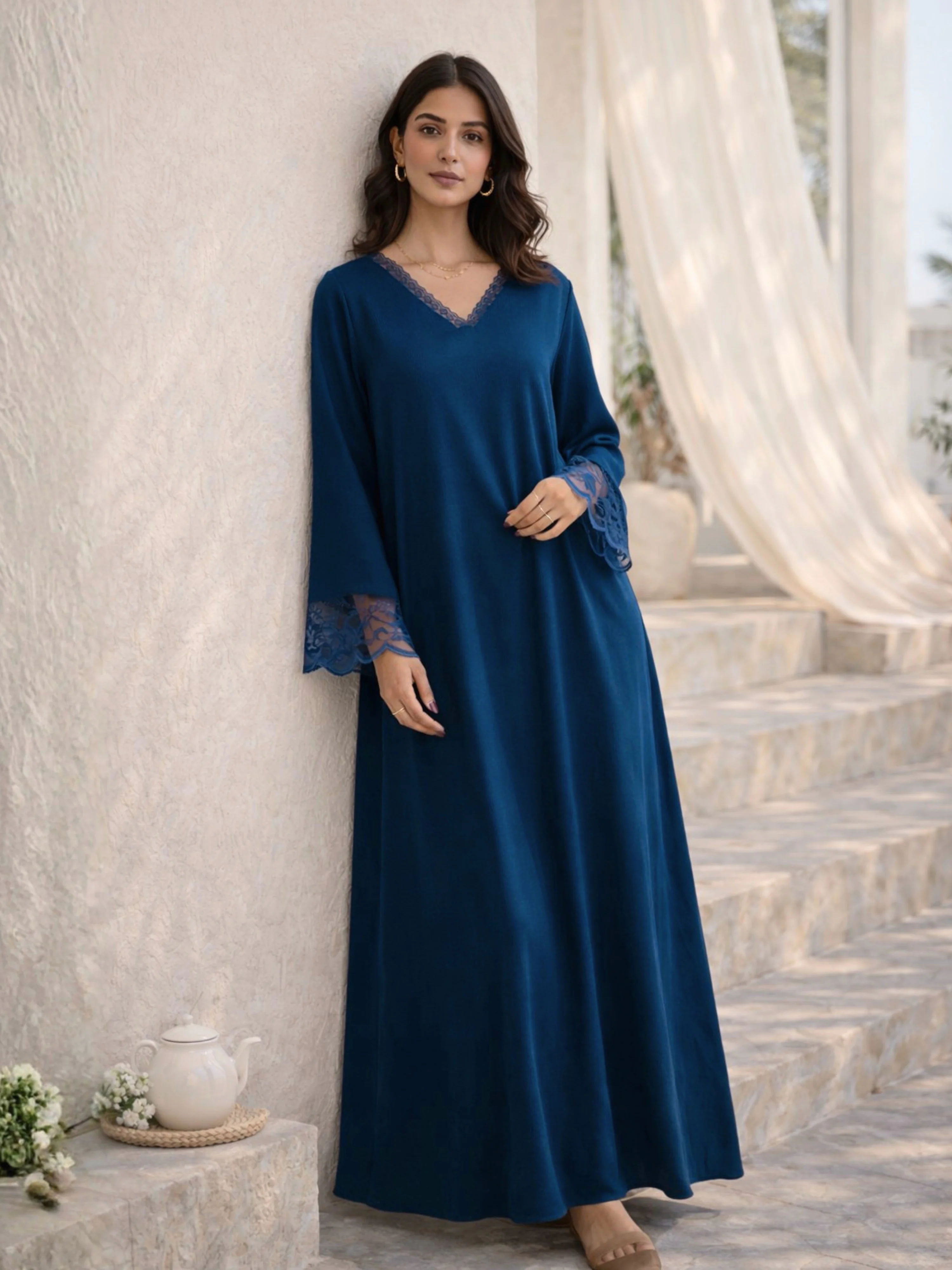 Teal Blue Soft Crepe V-Neck Maxi - Image 3