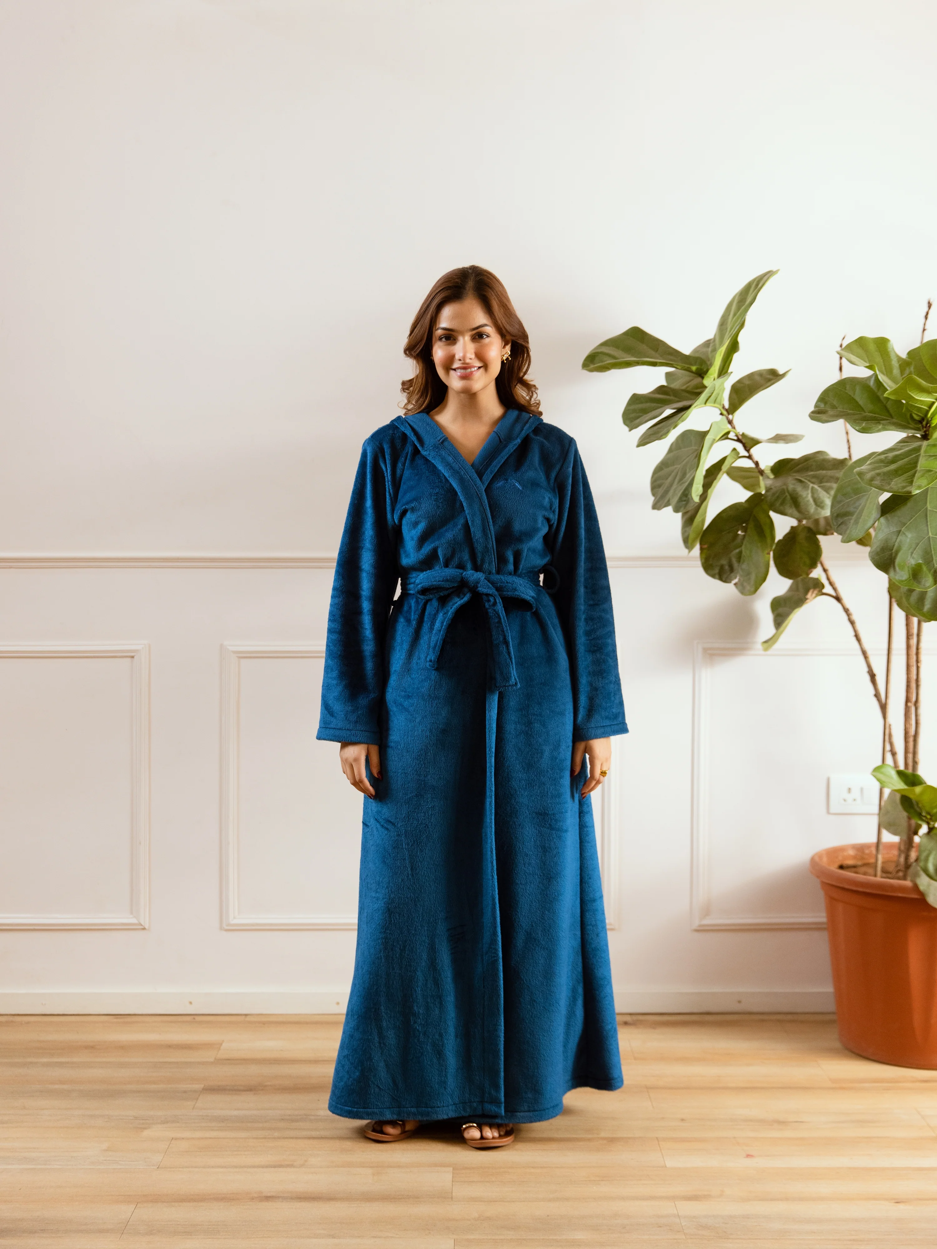 Teal Blue Super Soft Woollen Hoodie Robe - Image 4