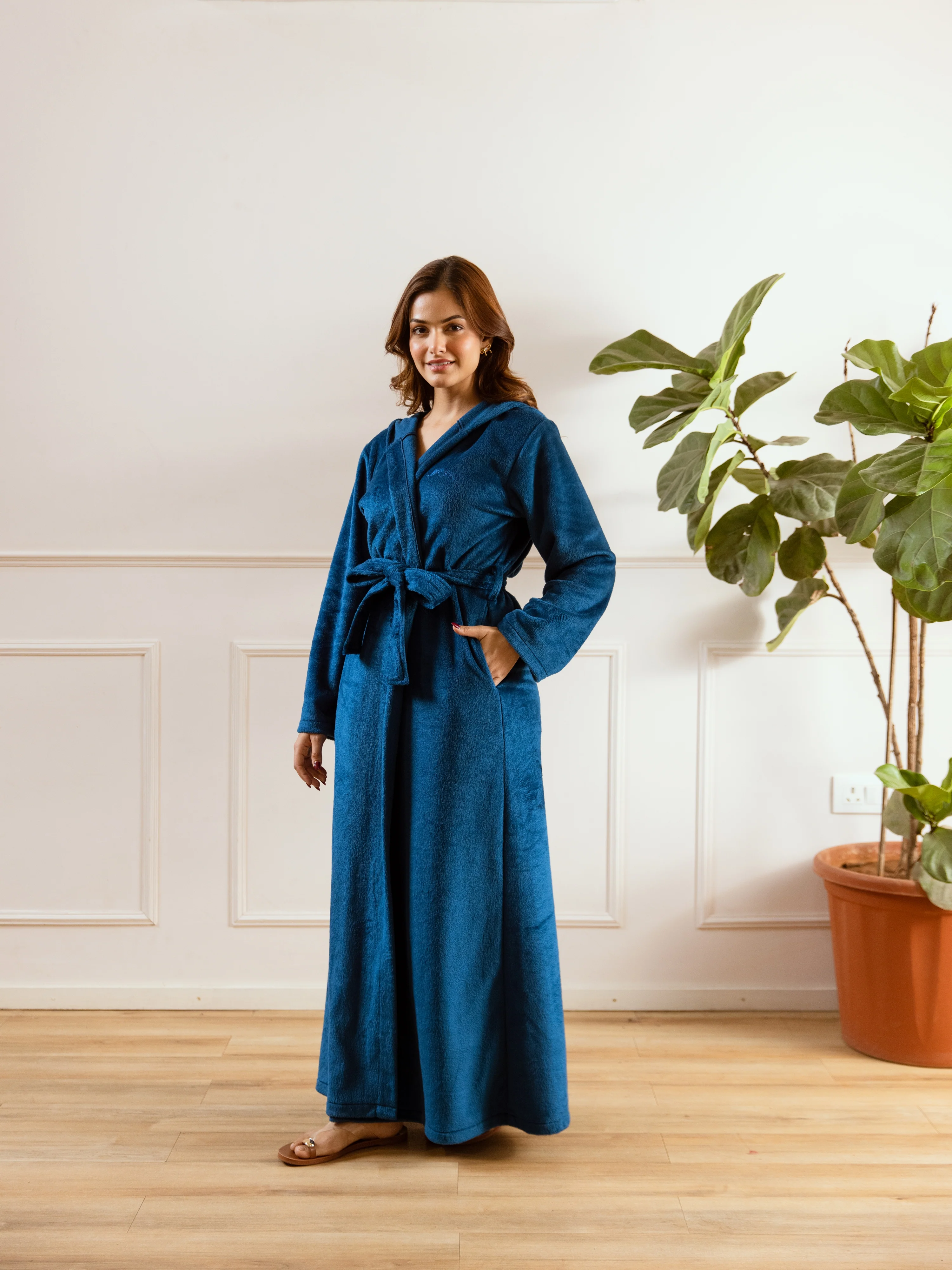 Teal Blue Super Soft Woollen Hoodie Robe - Image 5