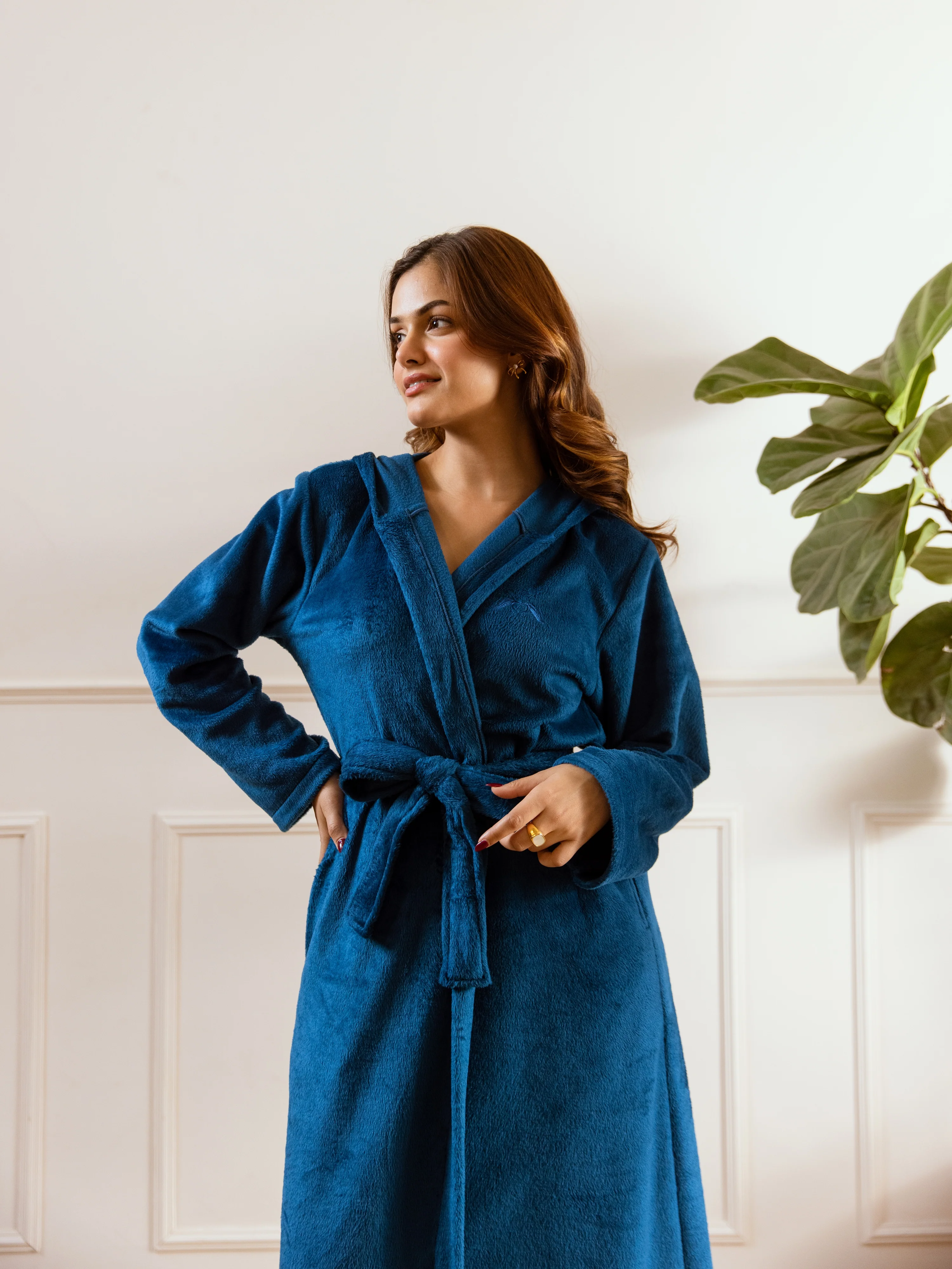 Teal Blue Super Soft Woollen Hoodie Robe - Image 8