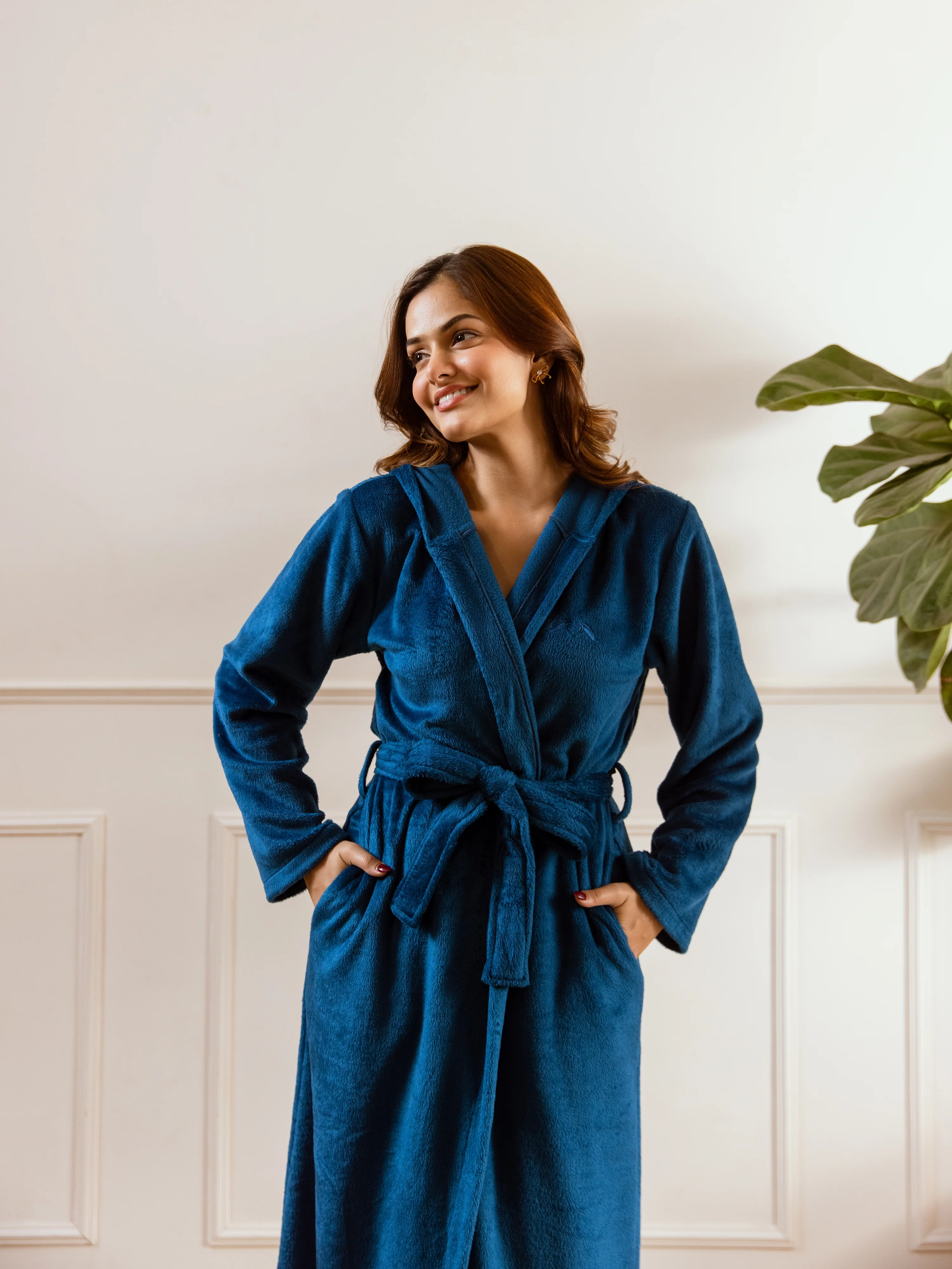 Teal Blue Super Soft Woollen Hoodie Robe - Image 9