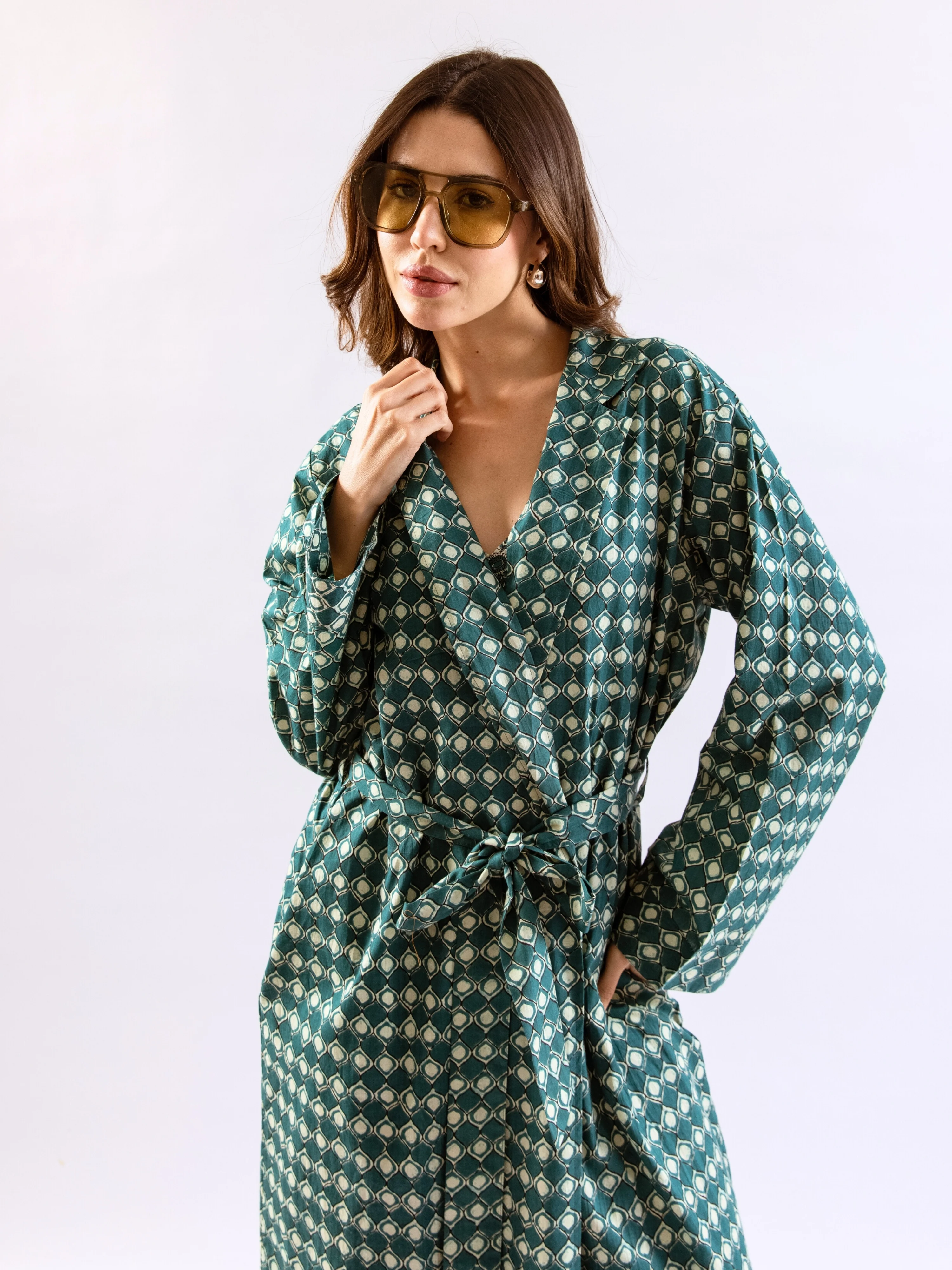 Teal ComfiMosaic Pure Cotton Collar Neck Robe - Image 5