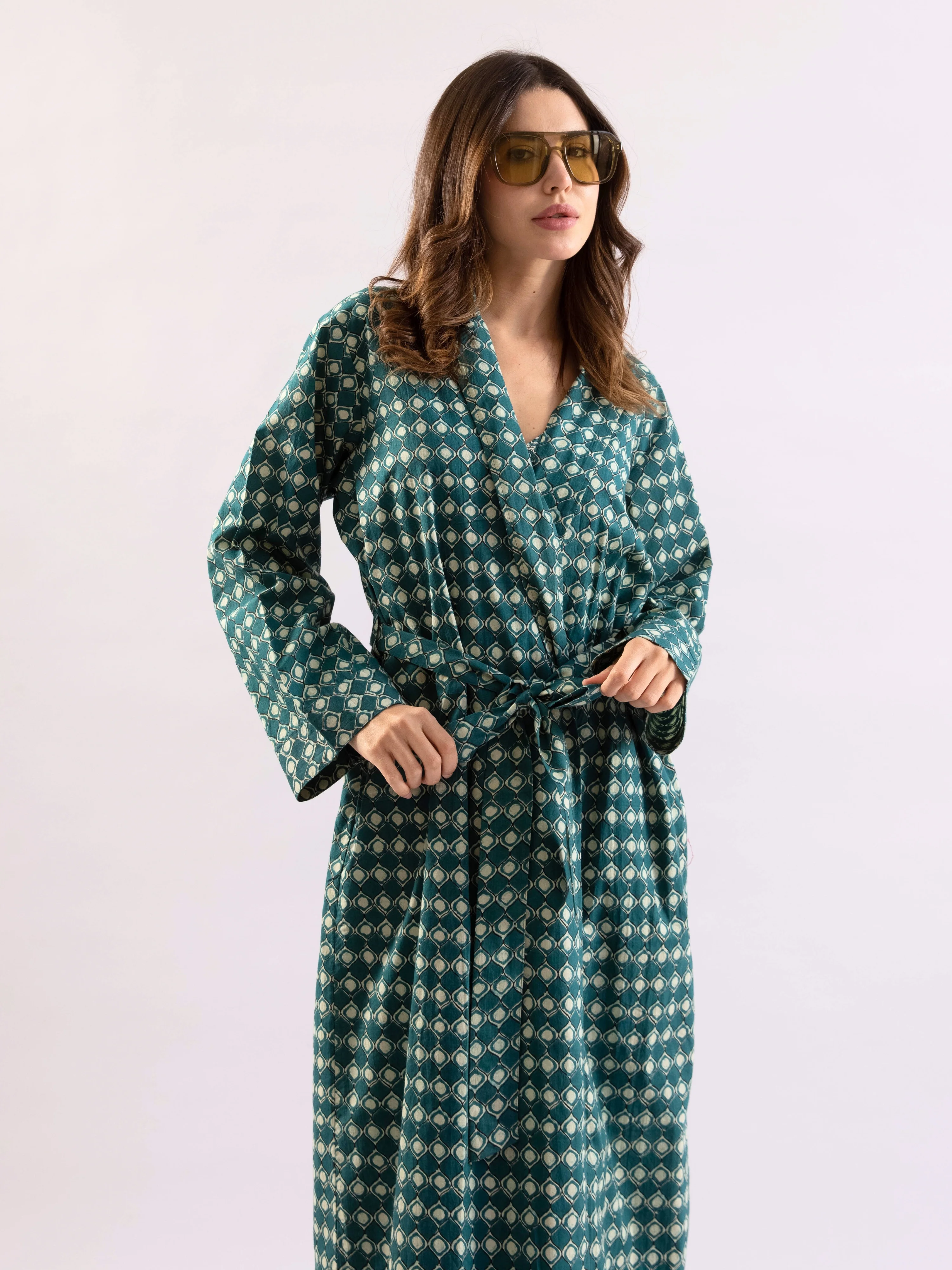 Teal ComfiMosaic Pure Cotton Collar Neck Robe - Image 6