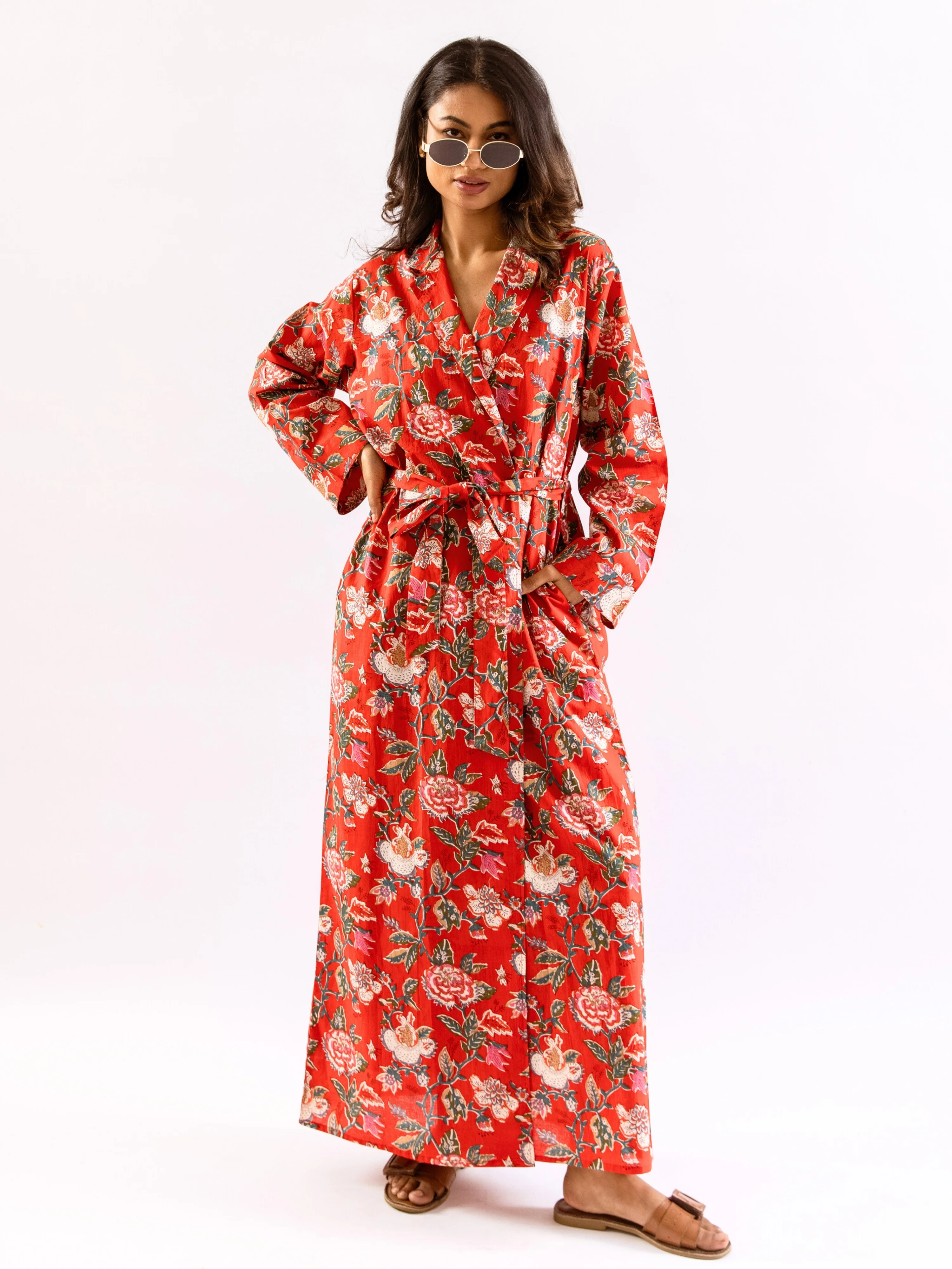 Red Lazy Daisy Pure Cotton V neck Sleepwear Robe Set - Image 6