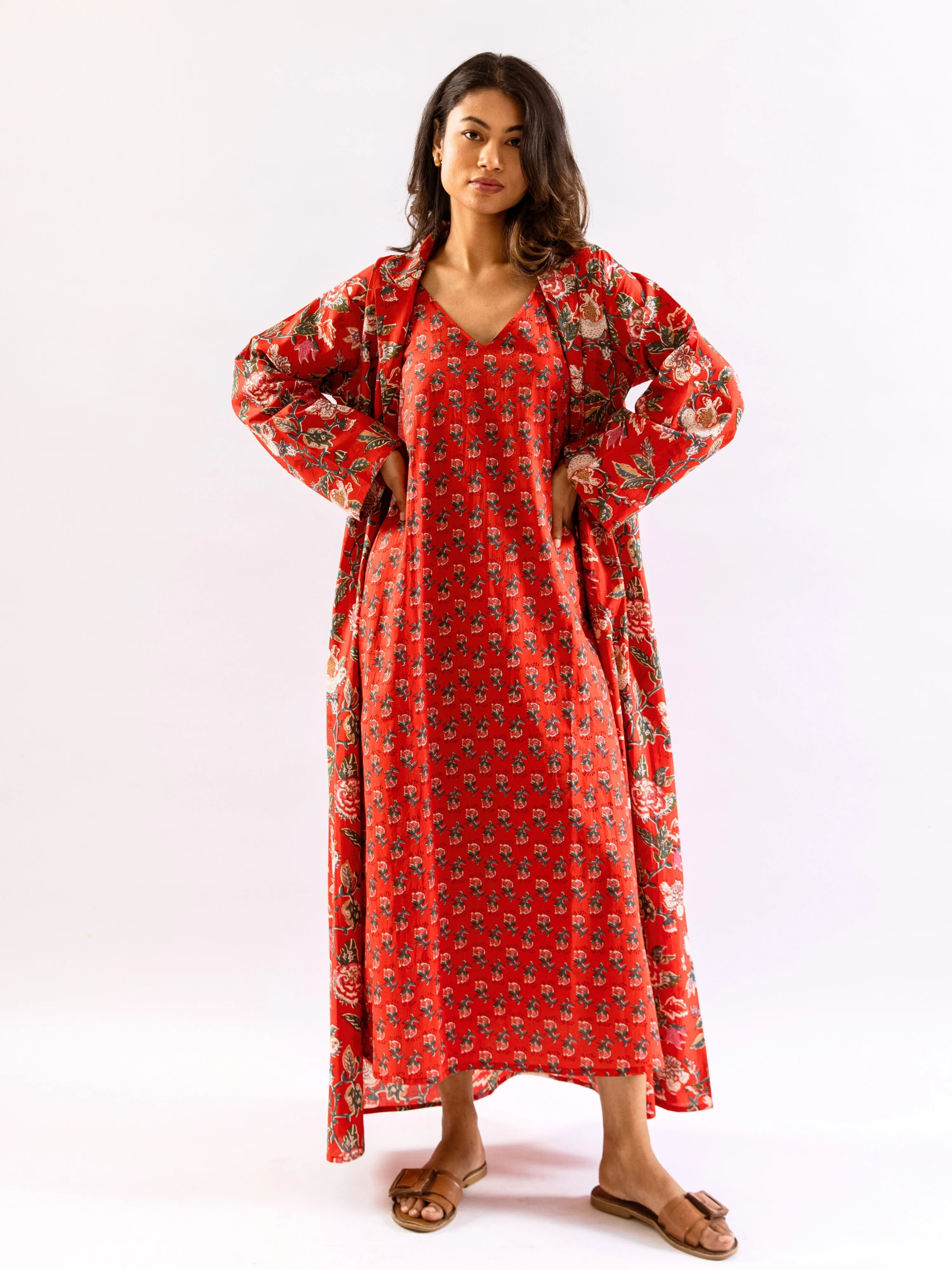 Red Lazy Daisy Pure Cotton V neck Sleepwear Robe Set - Image 7