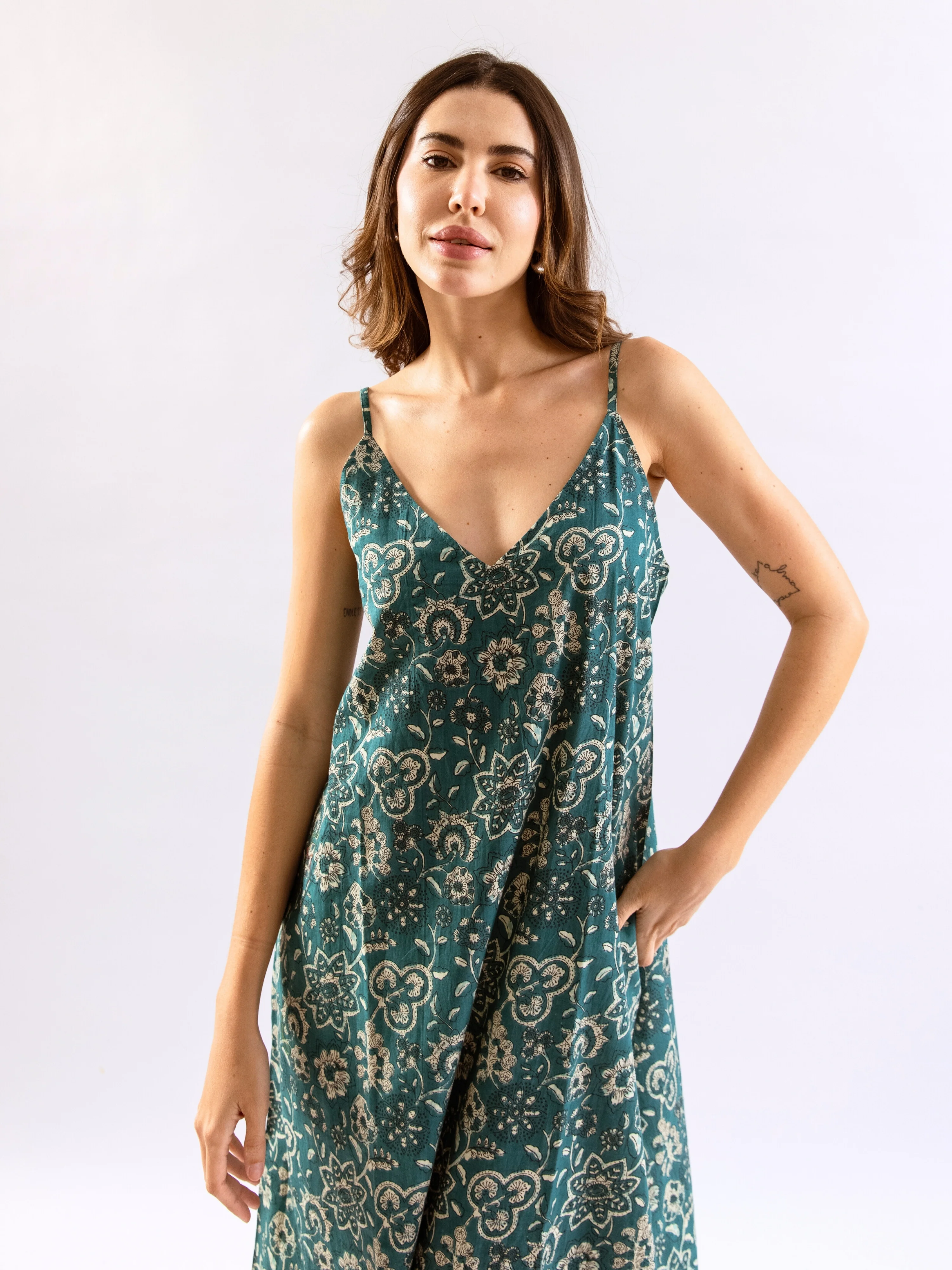 Teal Breezy Boho Pure Cotton V neck Sleepwear Robe Set - Image 10