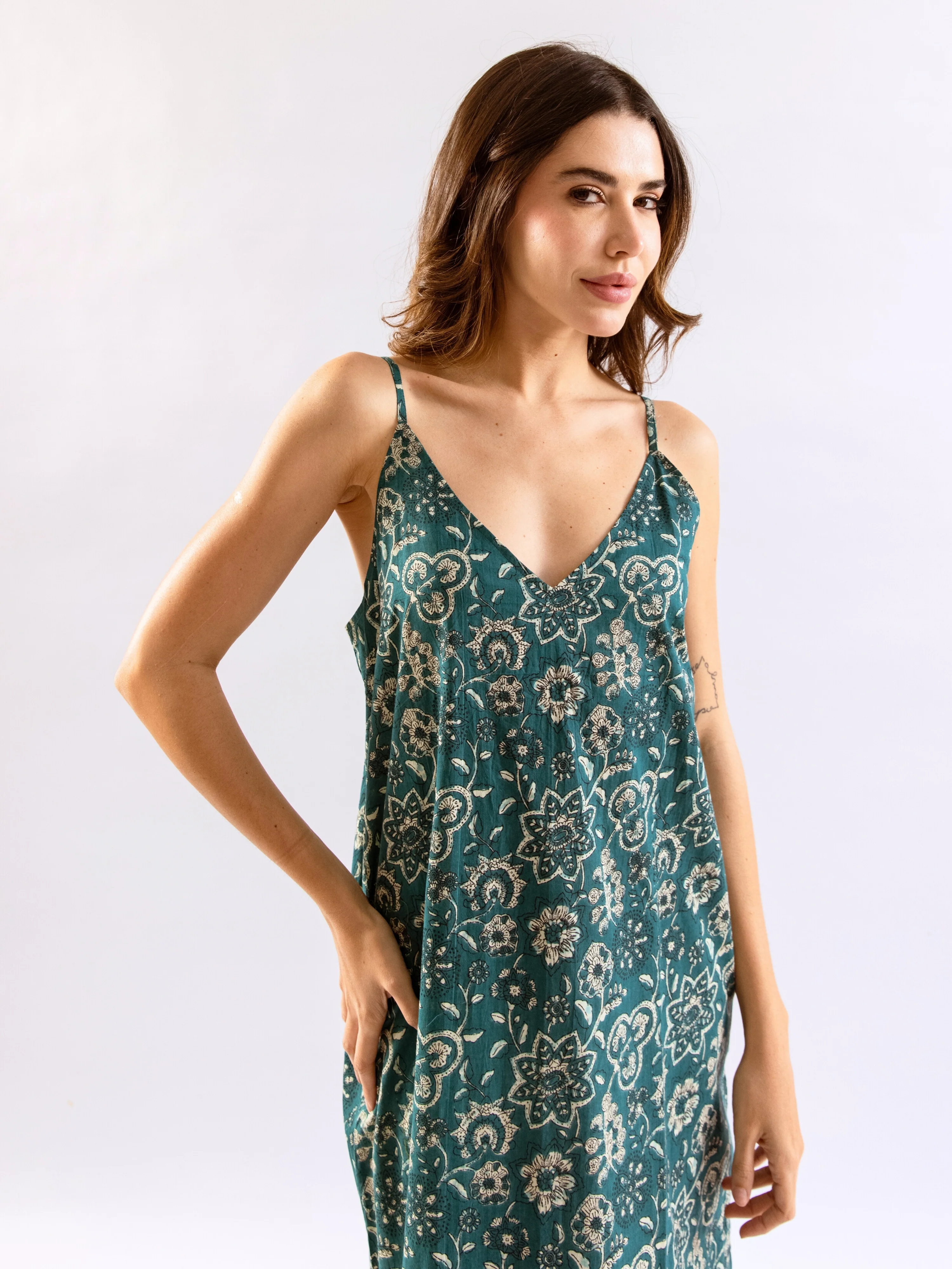 Teal Breezy Boho Pure Cotton V neck Sleepwear Robe Set - Image 11