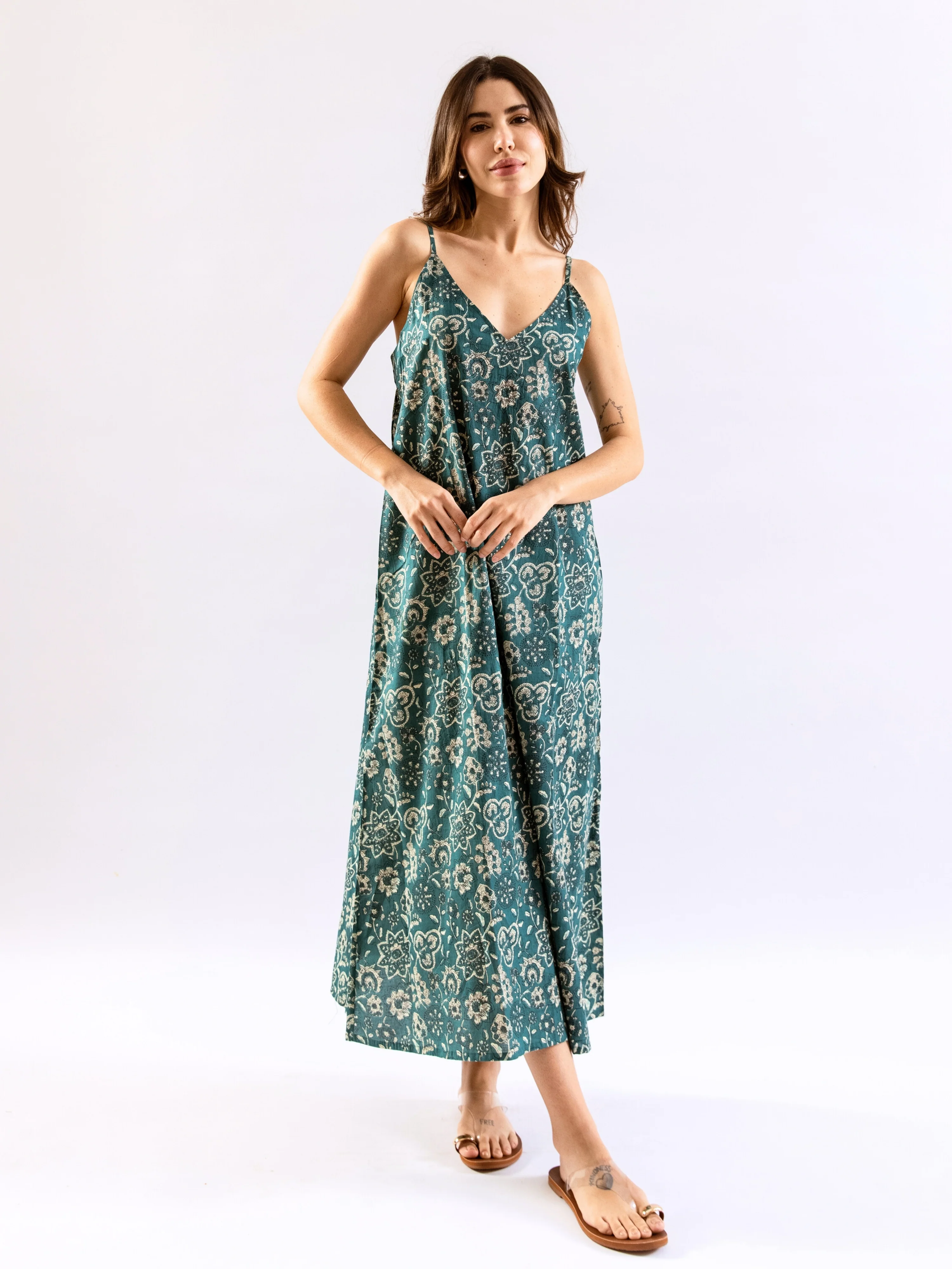 Teal Breezy Boho Pure Cotton V neck Sleepwear Robe Set - Image 4