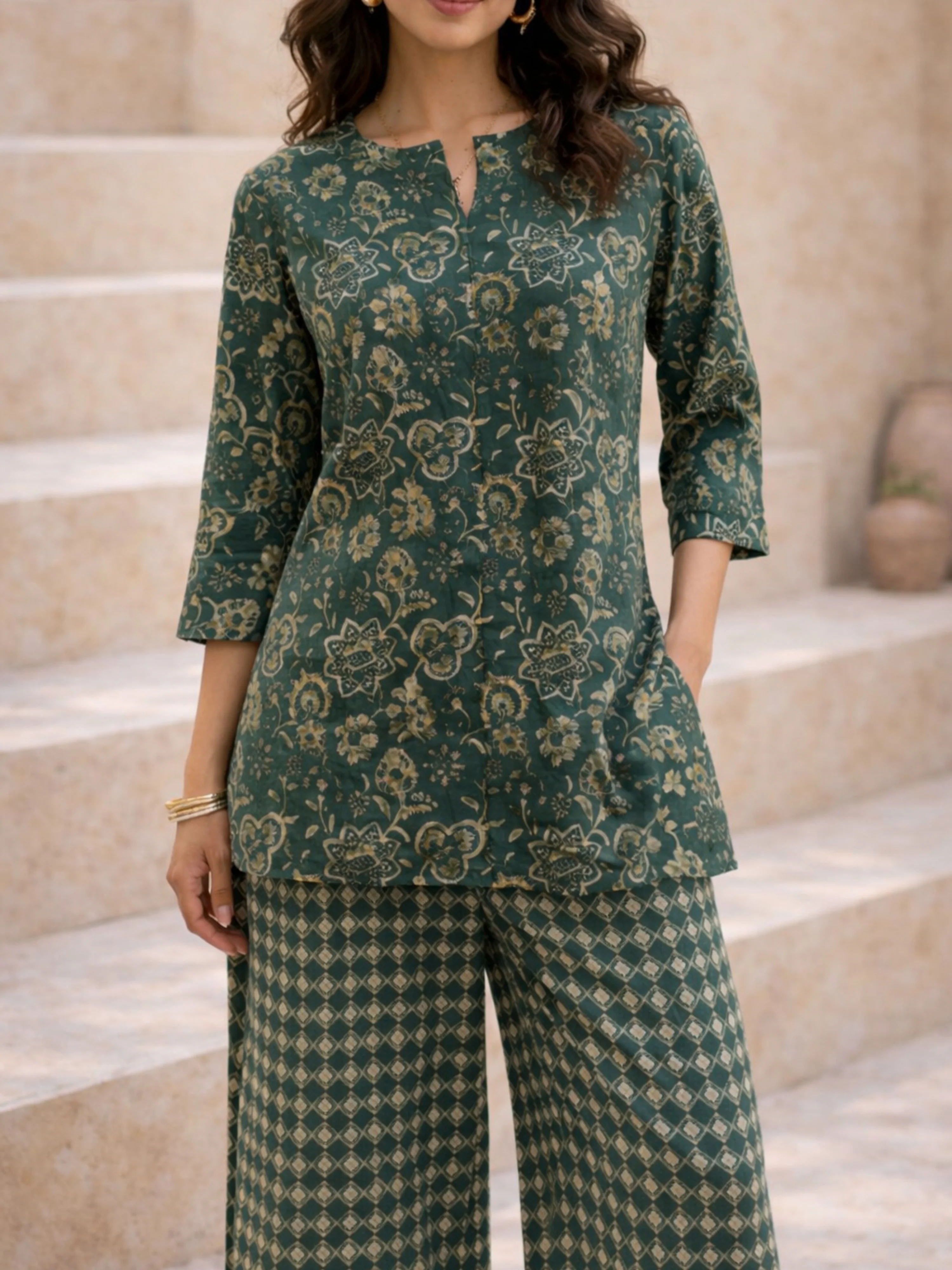 Teal Botanical Jaal  Pure Cotton Round neck Co-ord set - Image 2