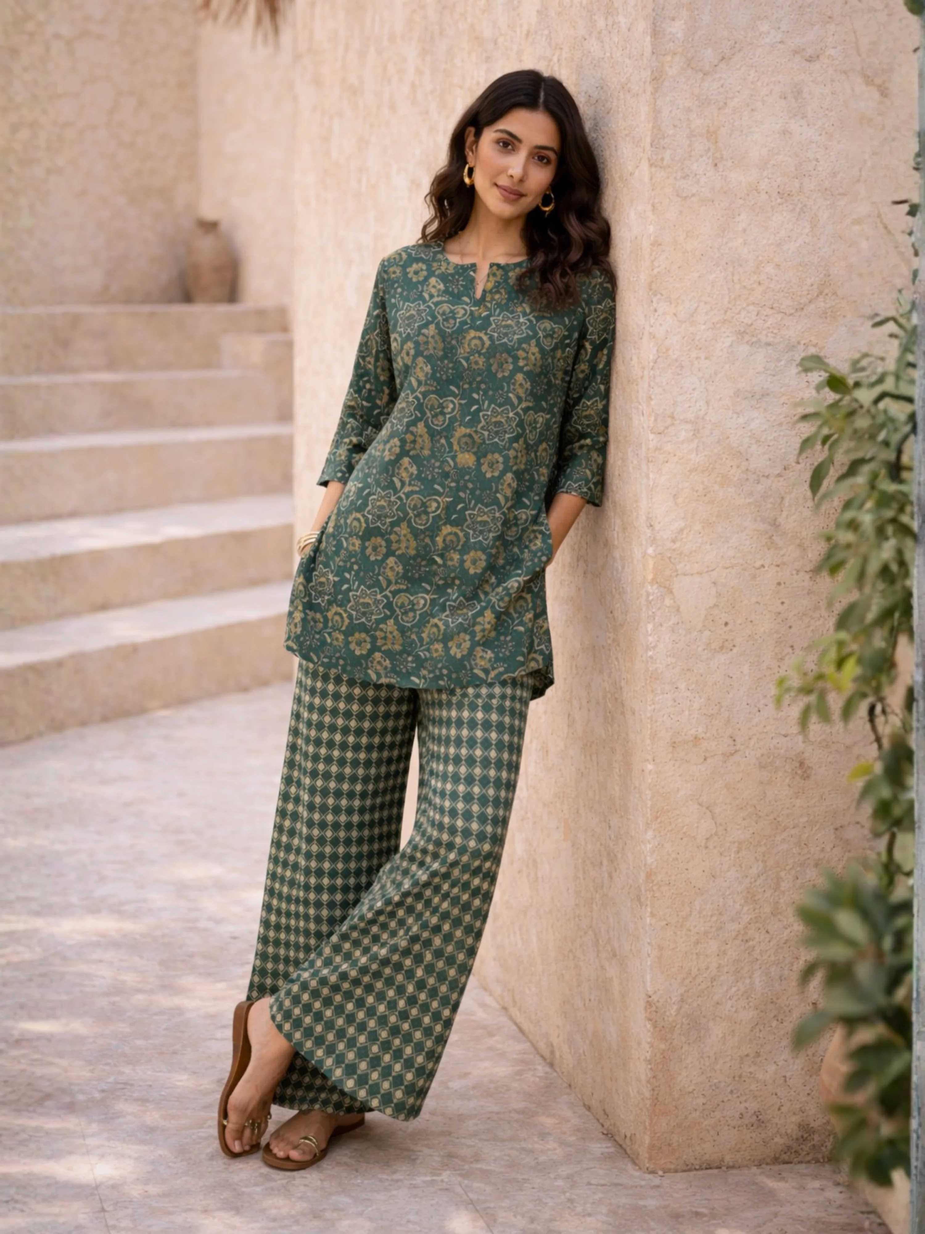 Teal Botanical Jaal  Pure Cotton Round neck Co-ord set - Image 3