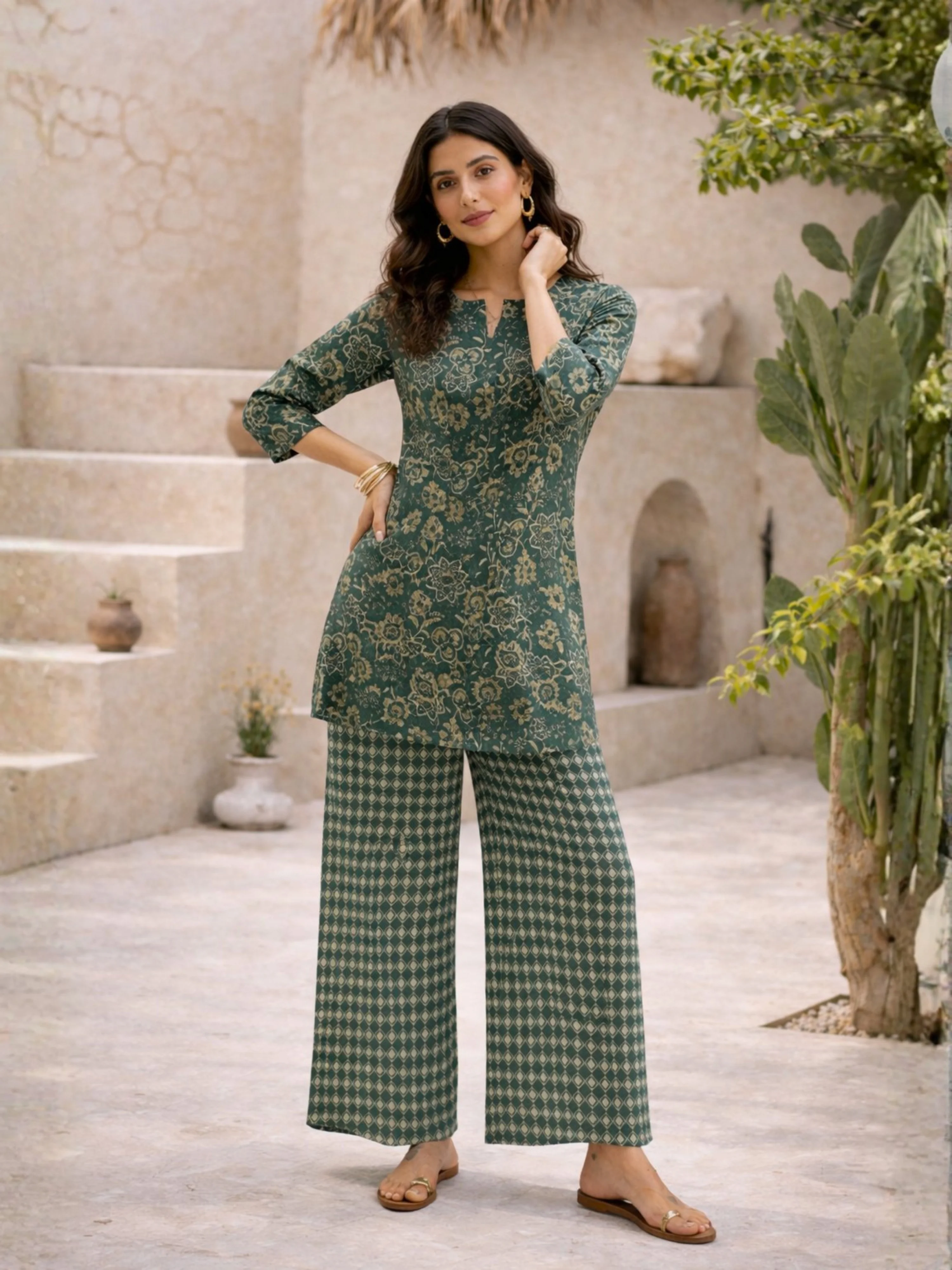 Teal Botanical Jaal  Pure Cotton Round neck Co-ord set - Image 4