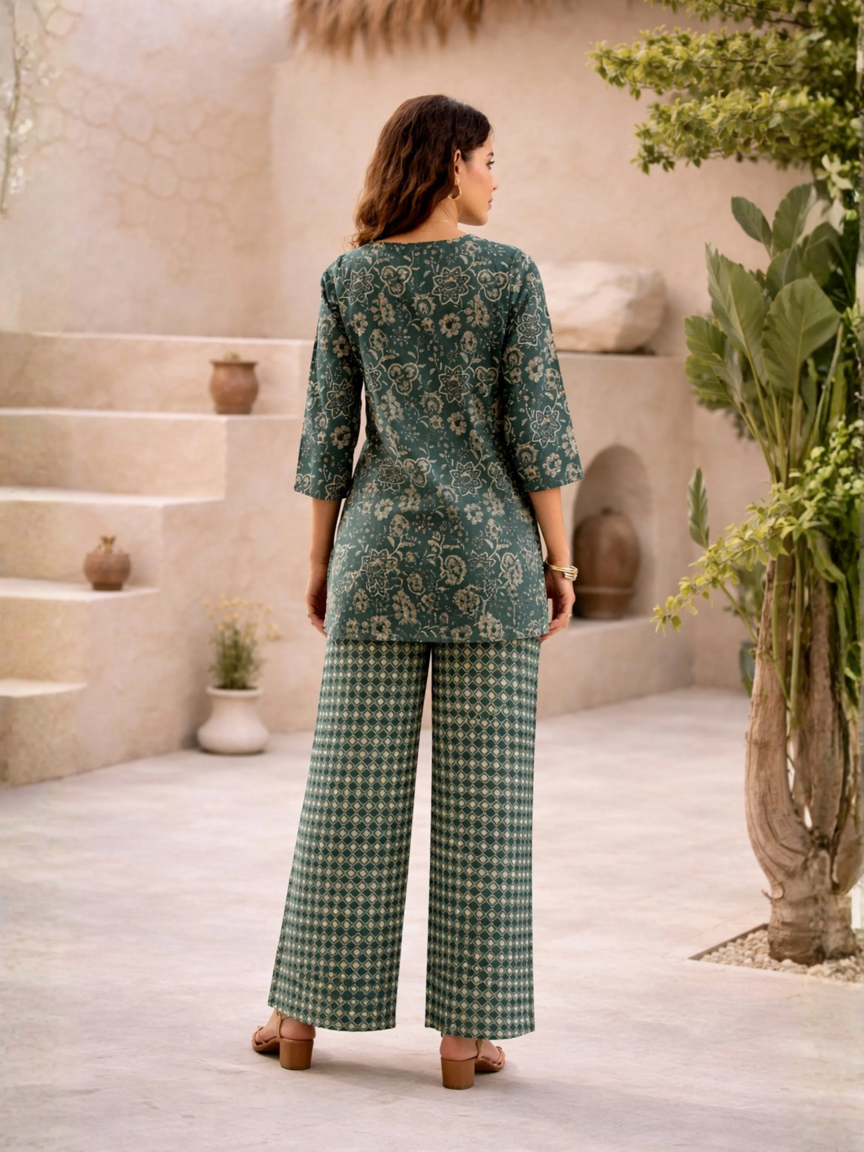 Teal Botanical Jaal  Pure Cotton Round neck Co-ord set - Image 5