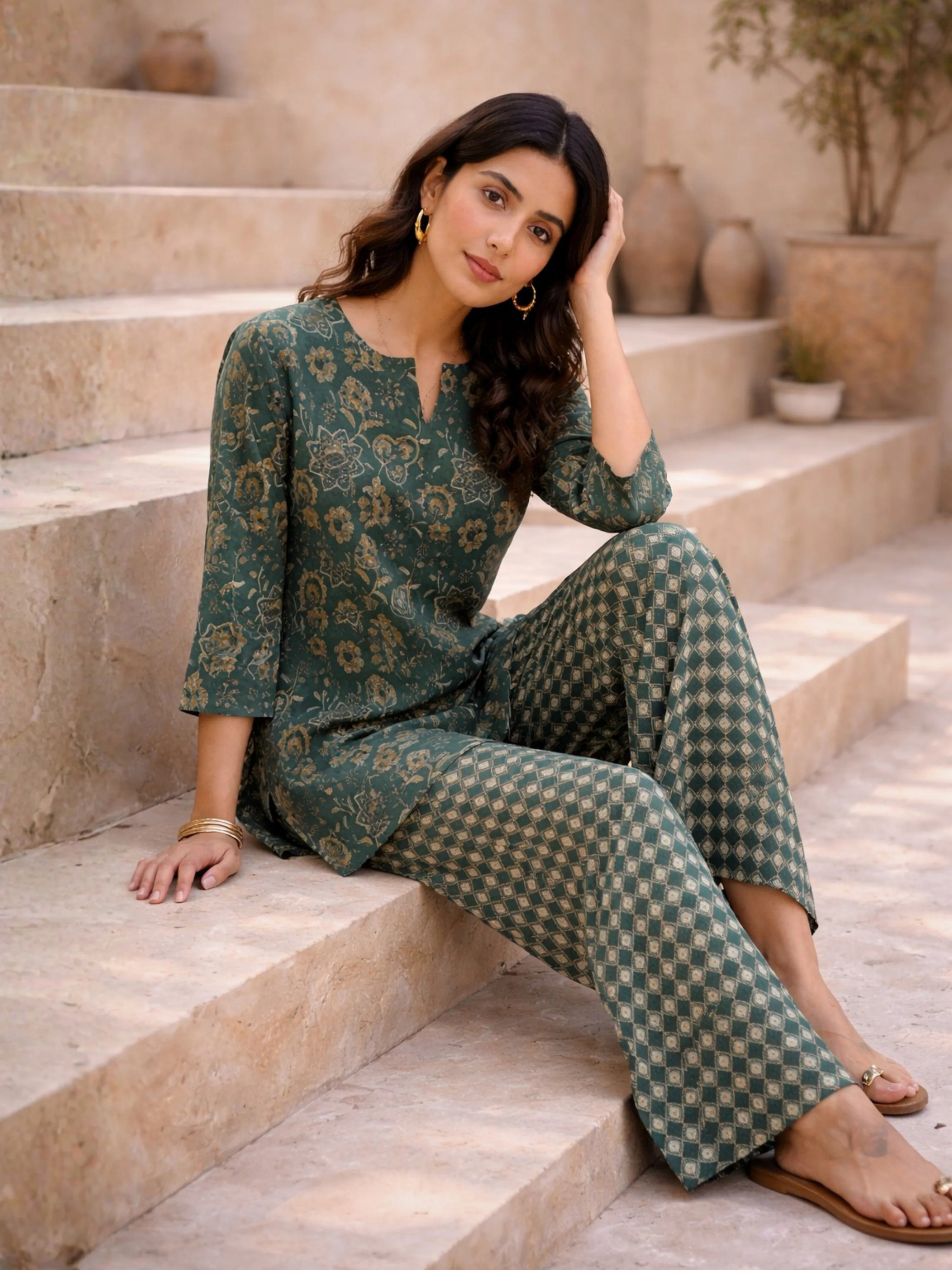 Teal Botanical Jaal  Pure Cotton Round neck Co-ord set - Image 6