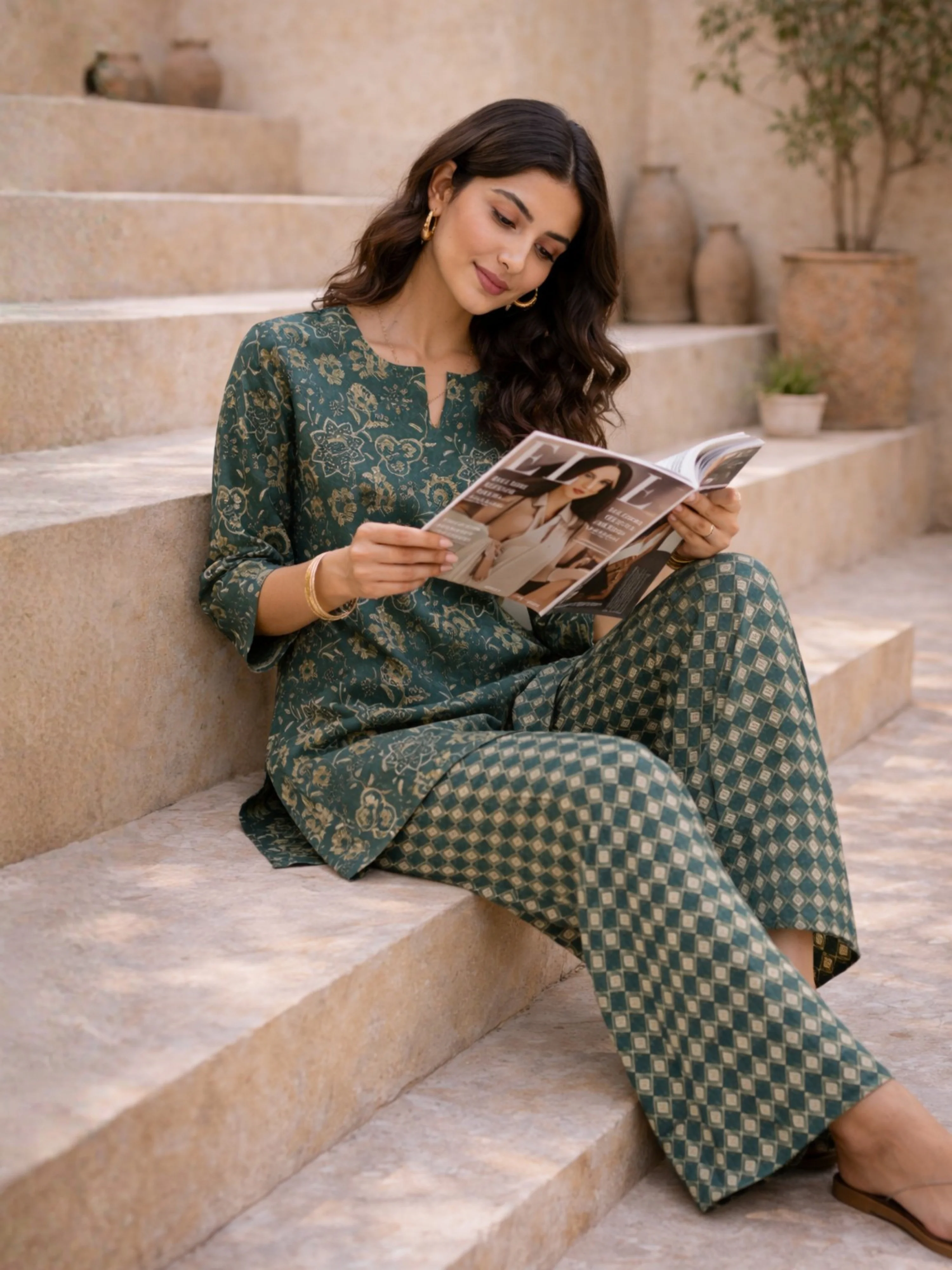 Teal Botanical Jaal  Pure Cotton Round neck Co-ord set - Image 7