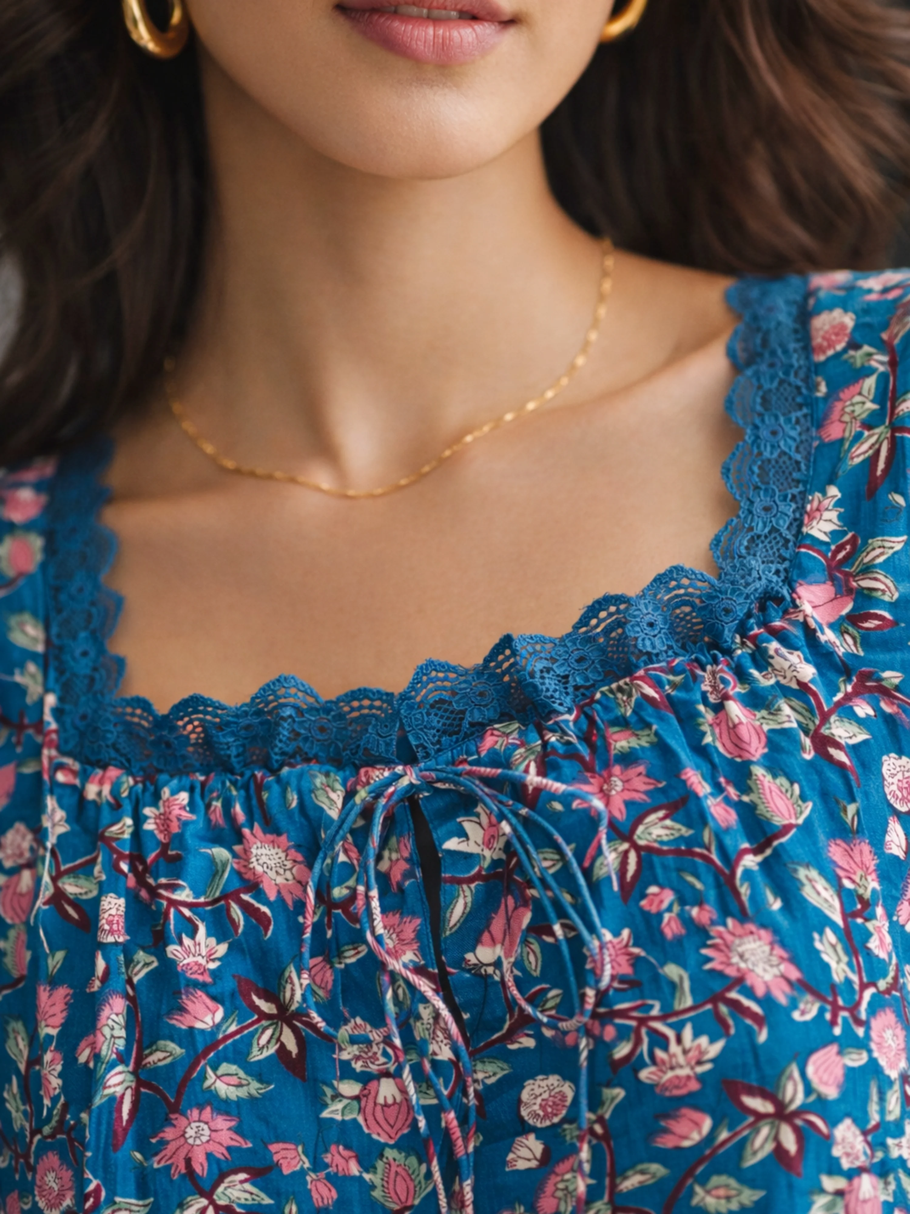 Teal Floral Pure Cotton Women's Night Maxi Dress - Image 2