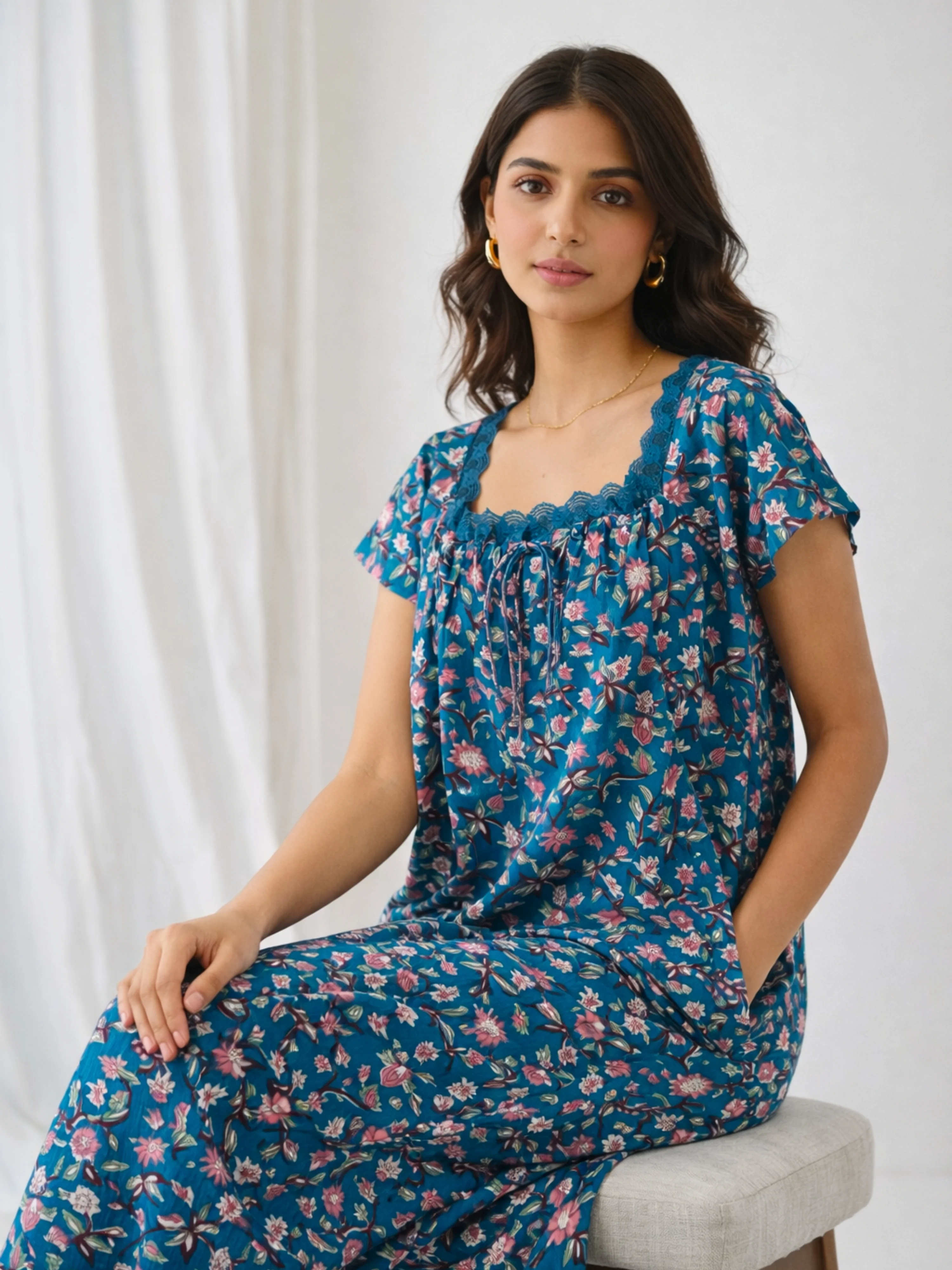 Teal Floral Pure Cotton Women's Night Maxi Dress - Image 3