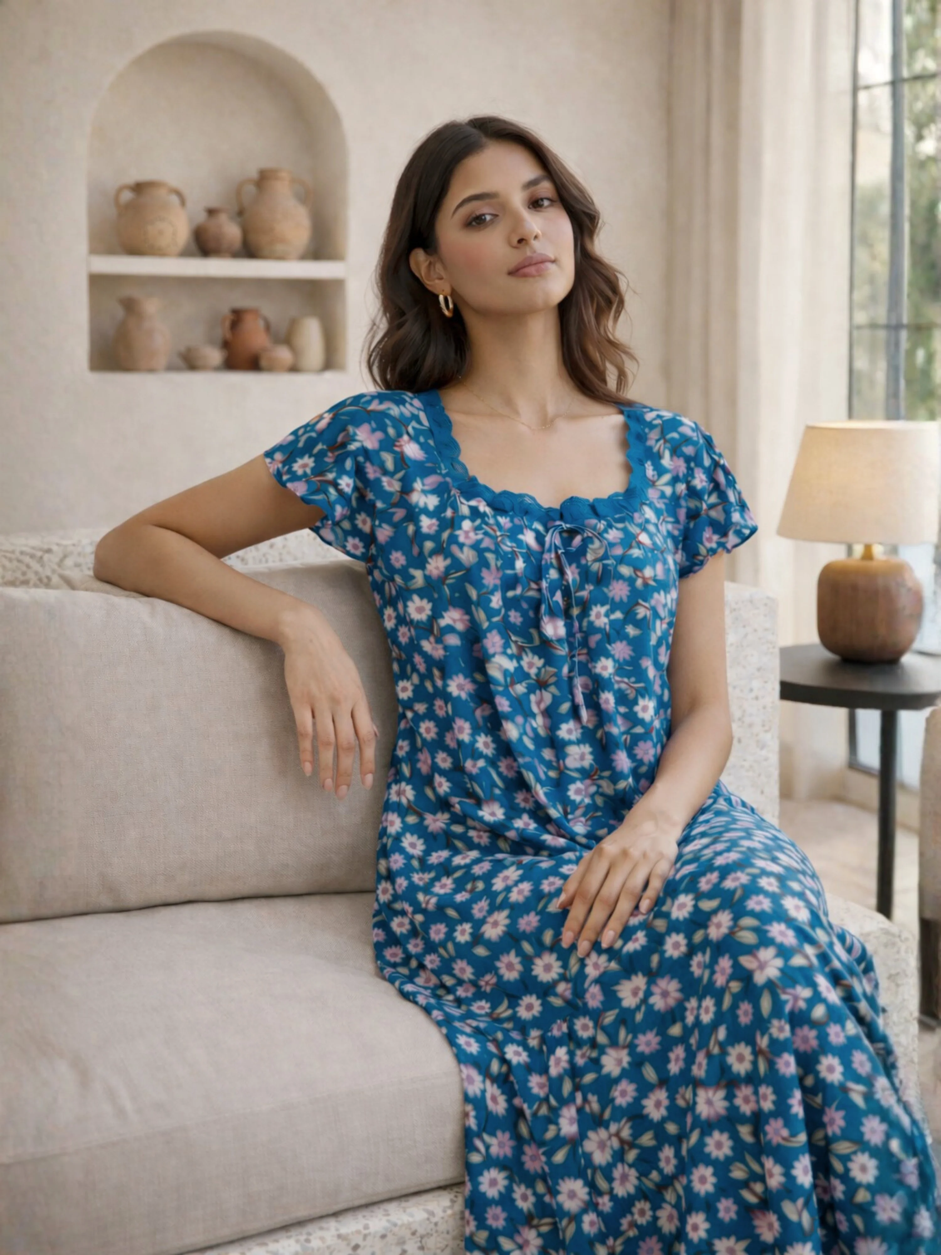 Teal Floral Pure Cotton Women's Night Maxi Dress - Image 4