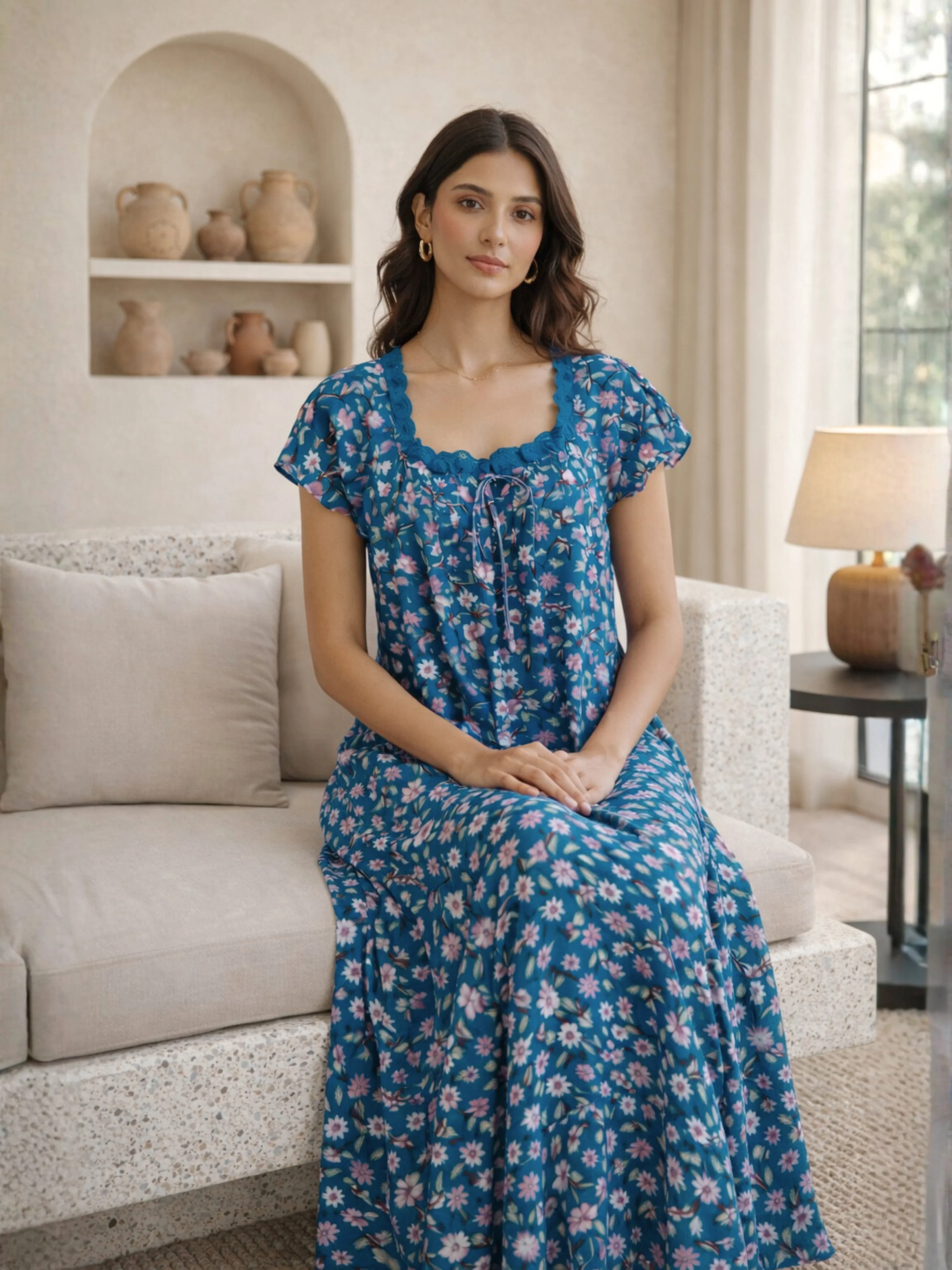 Teal Floral Pure Cotton Women's Night Maxi Dress - Image 5