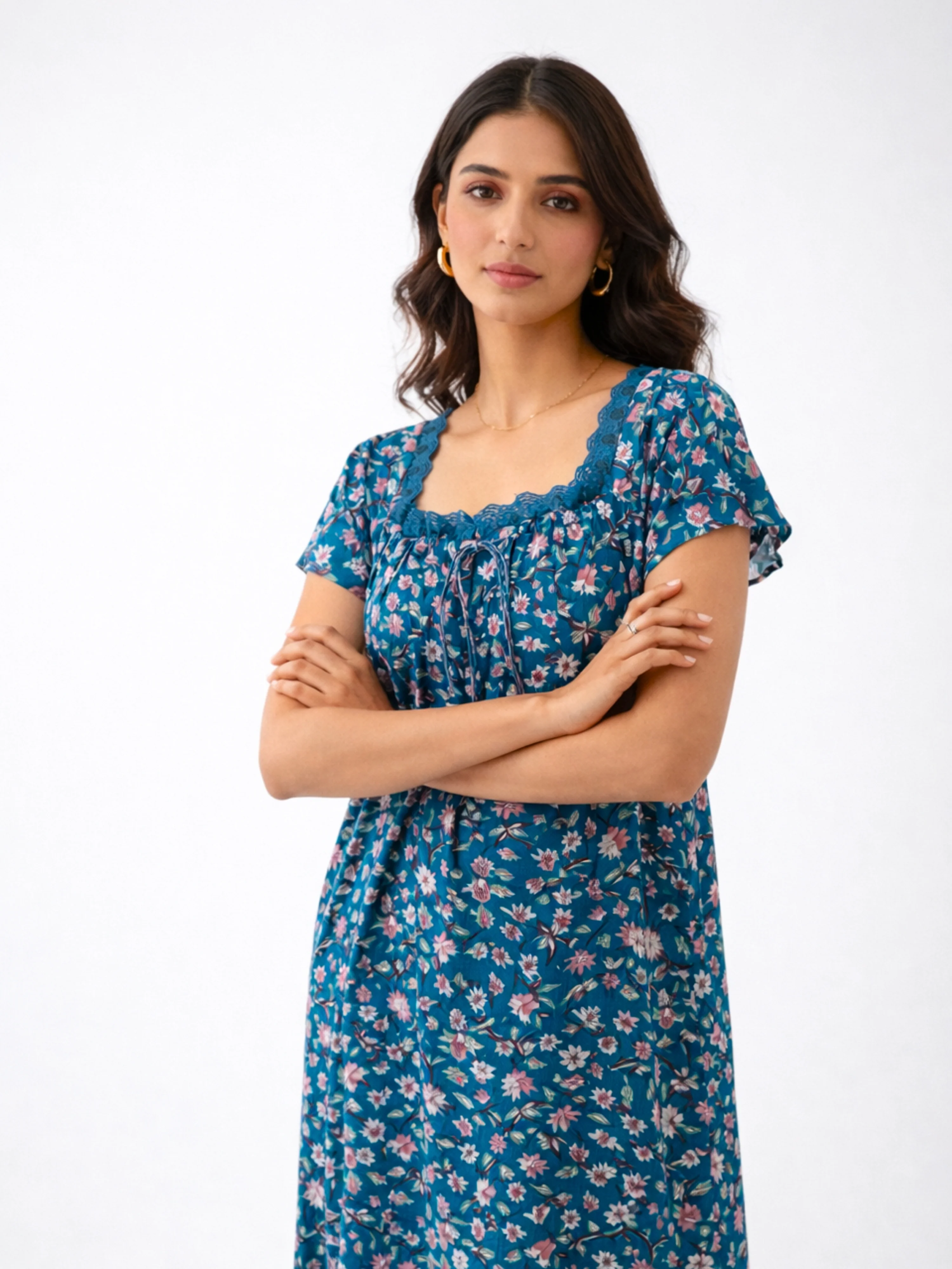 Teal Floral Pure Cotton Women's Night Maxi Dress - Image 7