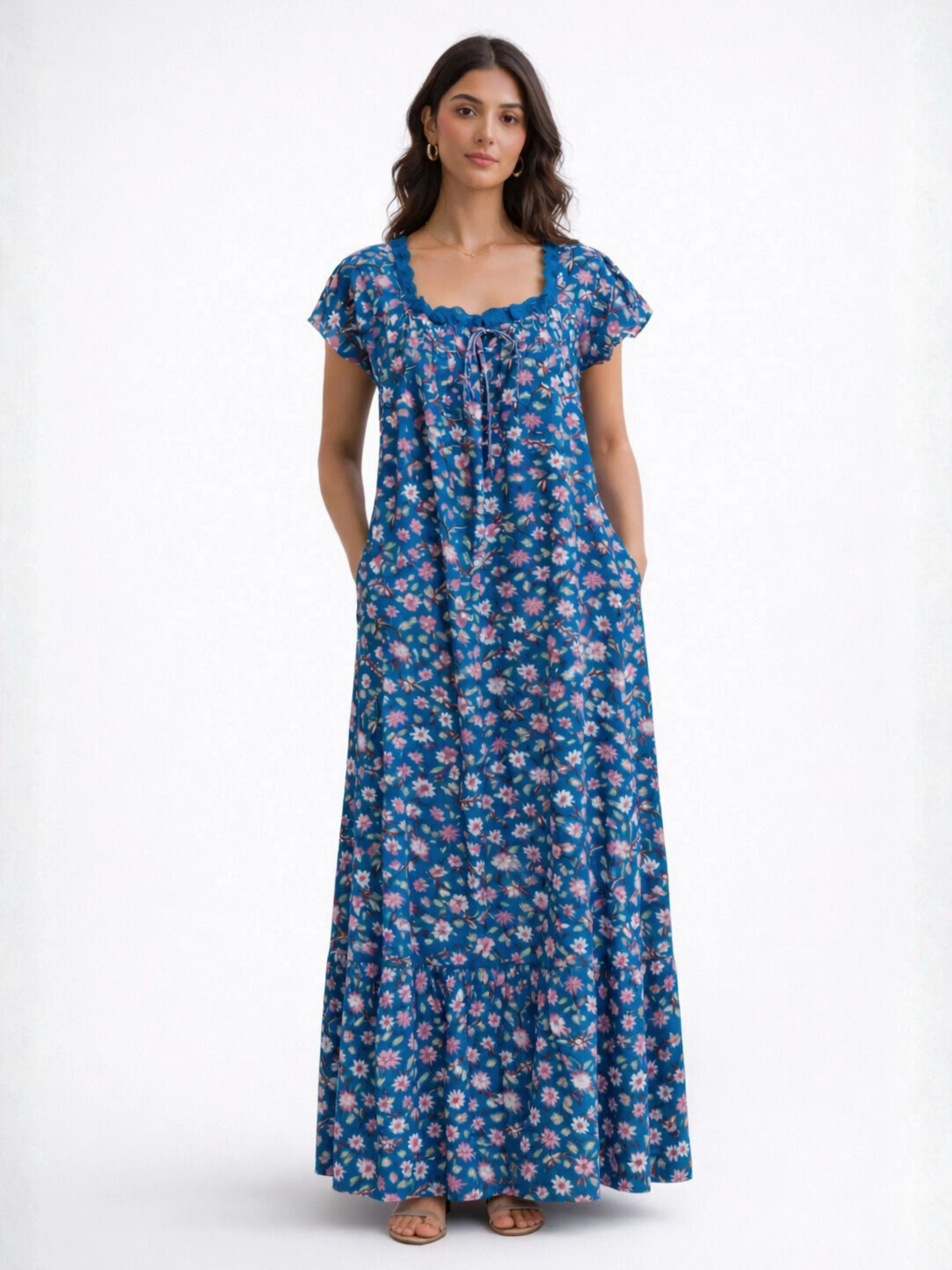 Teal Floral Pure Cotton Women's Night Maxi Dress - Image 8