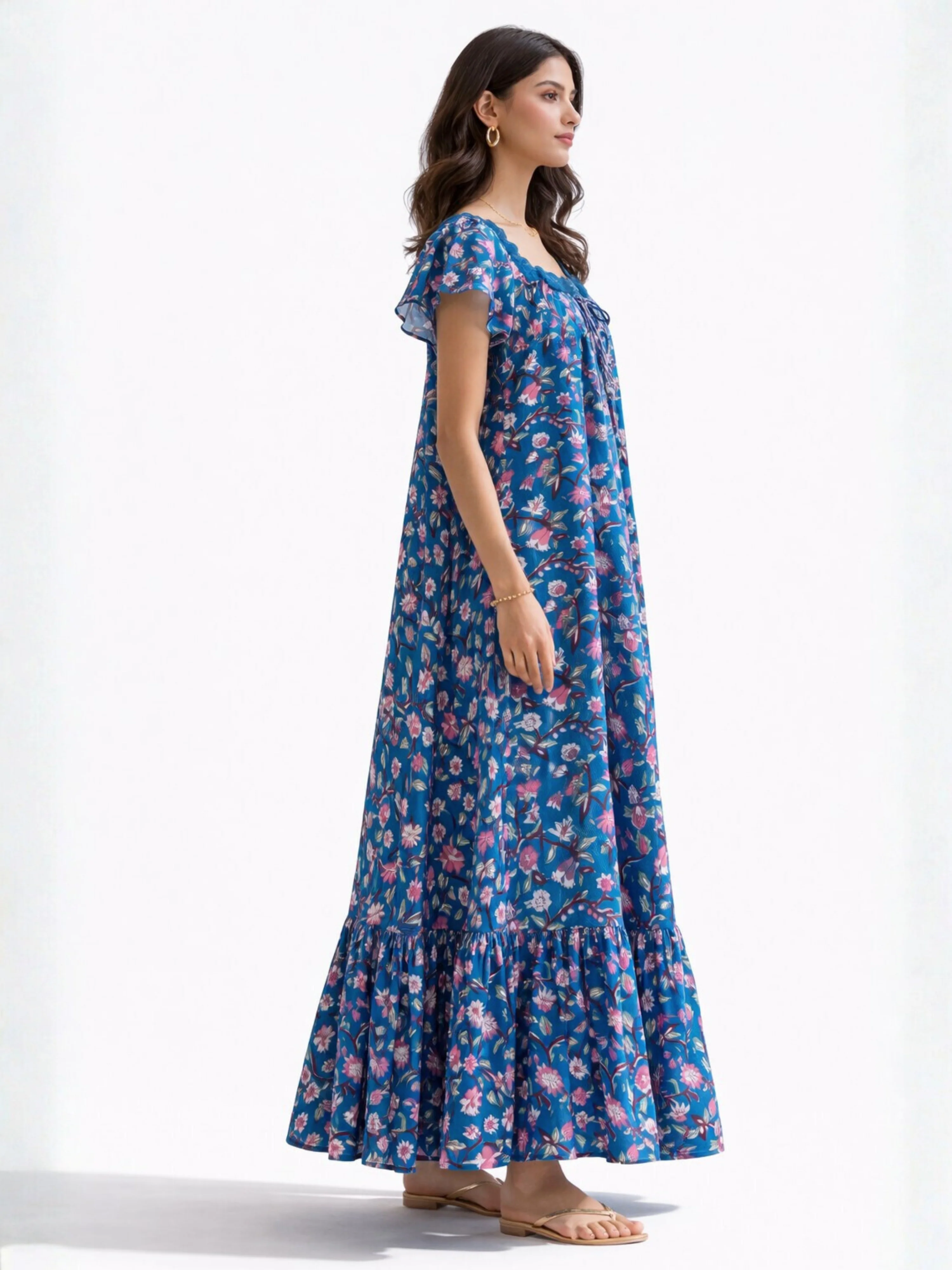 Teal Floral Pure Cotton Women's Night Maxi Dress - Image 9