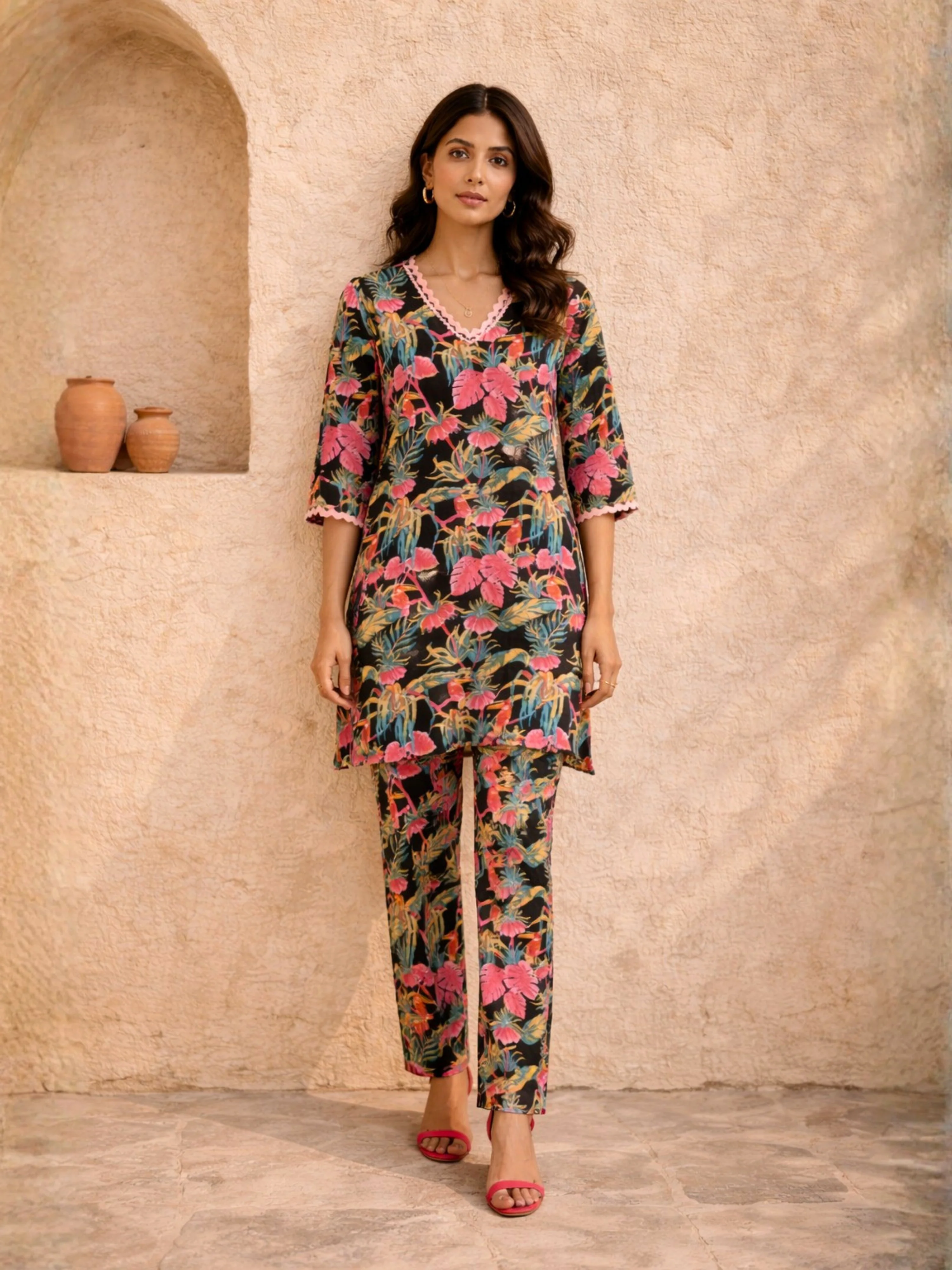 Tropical Dark Black Lace Long Co-Ord Set - Image 4