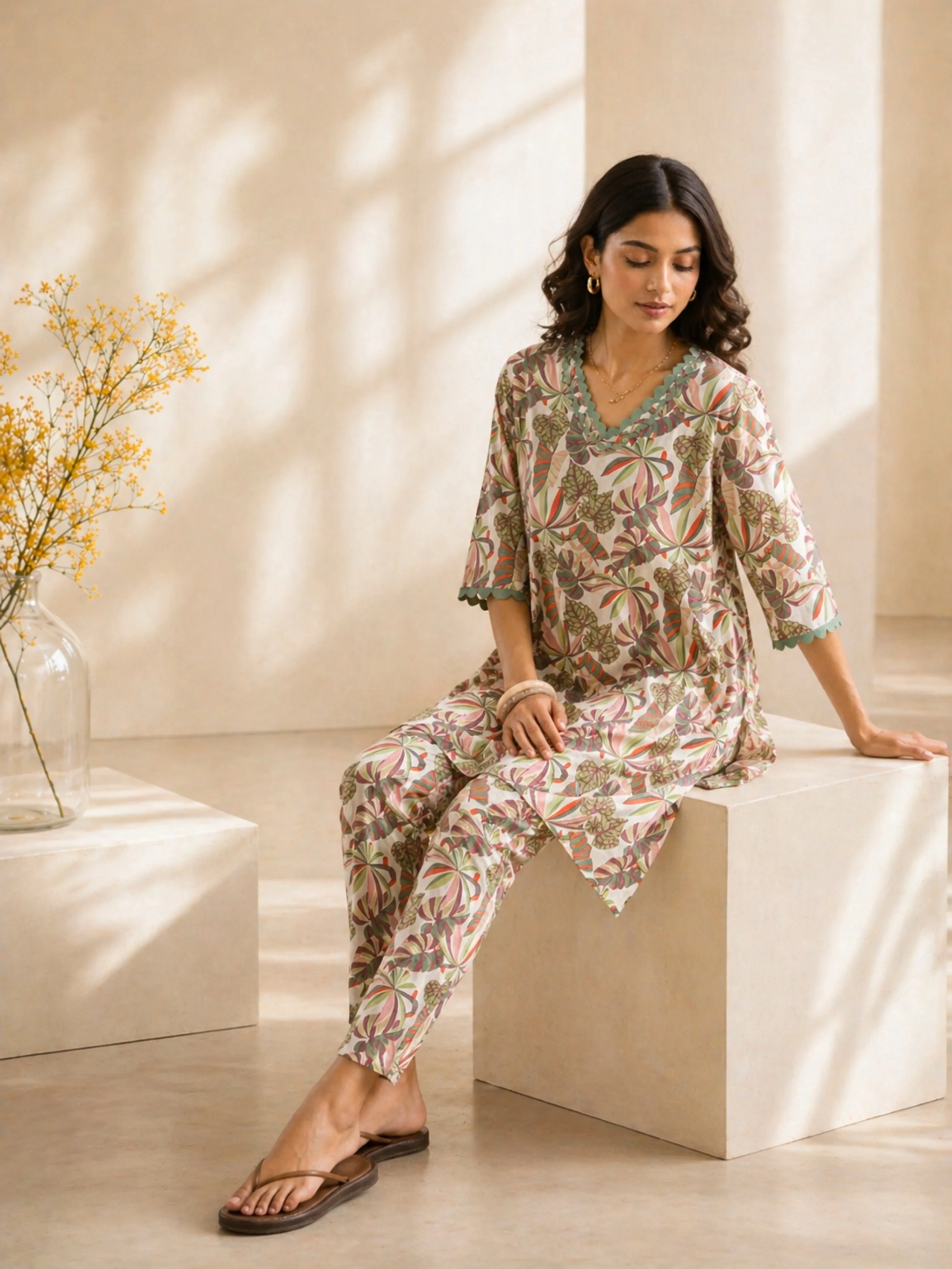 Tropical Green Leaf Lace Long Co-Ord Set - Image 4